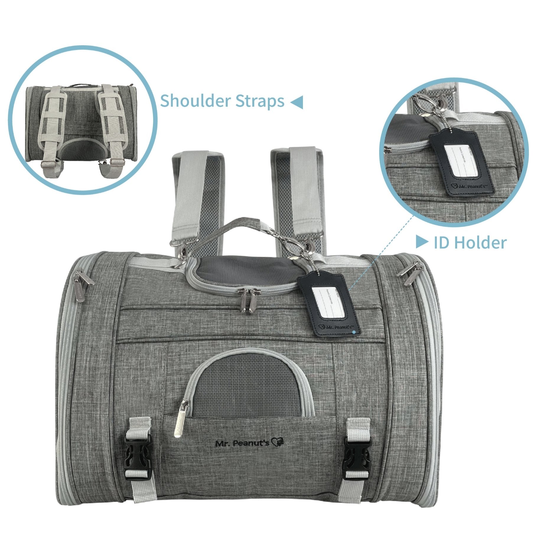 Gray pet carrier with shoulder straps and ID holder on a white background
