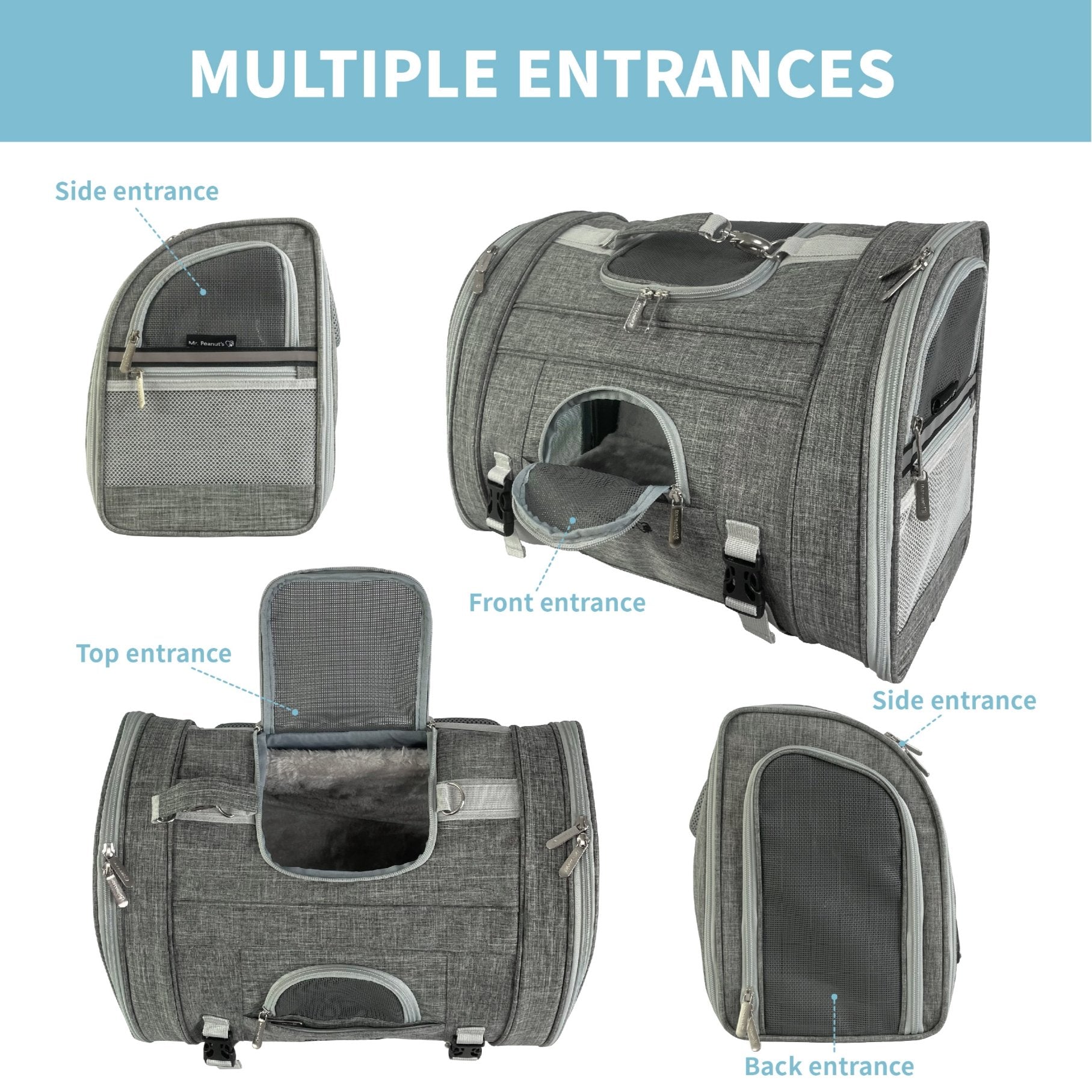 Pet carrier with multiple entrances labeled on a white background