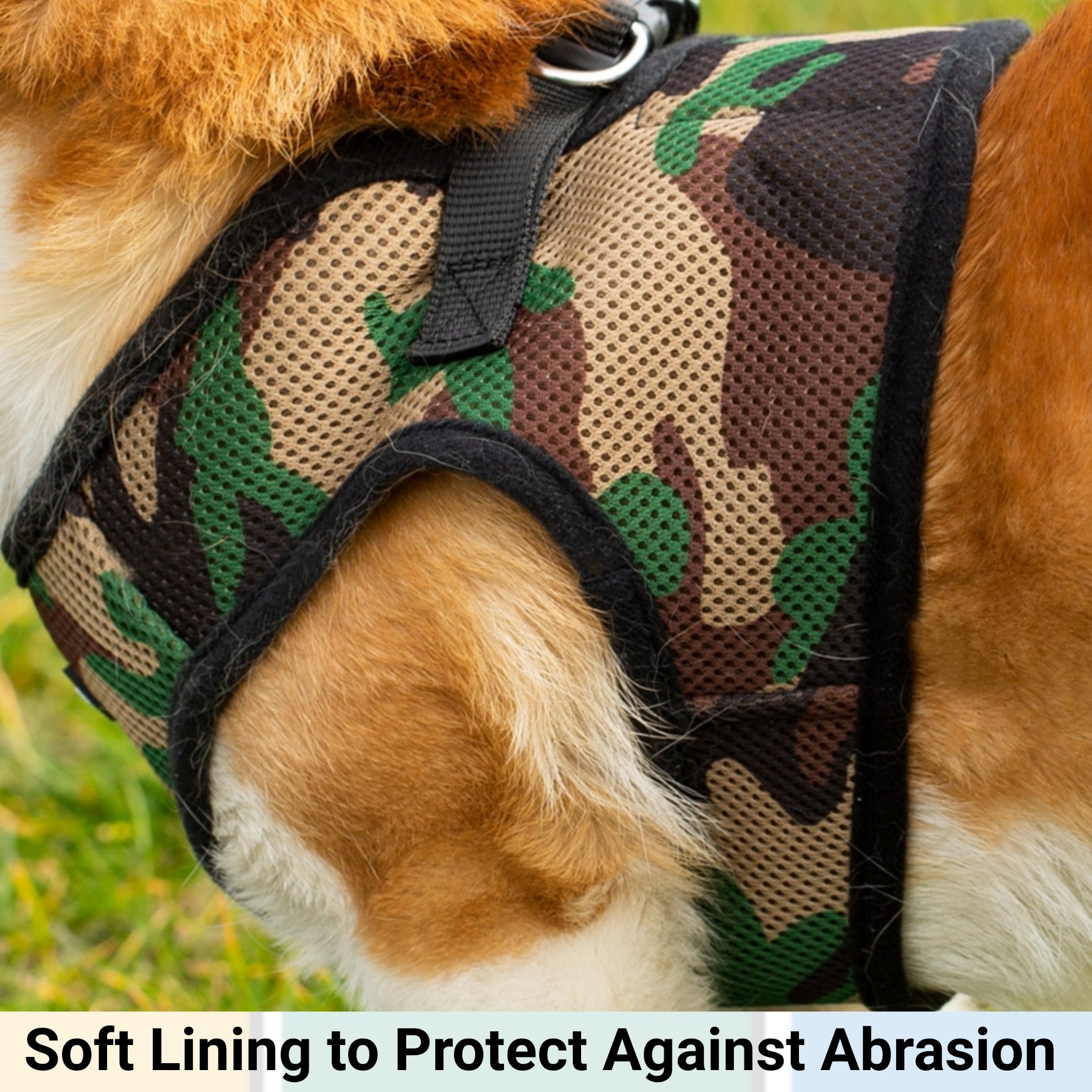 Camouflage-patterned dog harness worn by a dog with text 'Soft Lining to Protect Against Abrasion'.