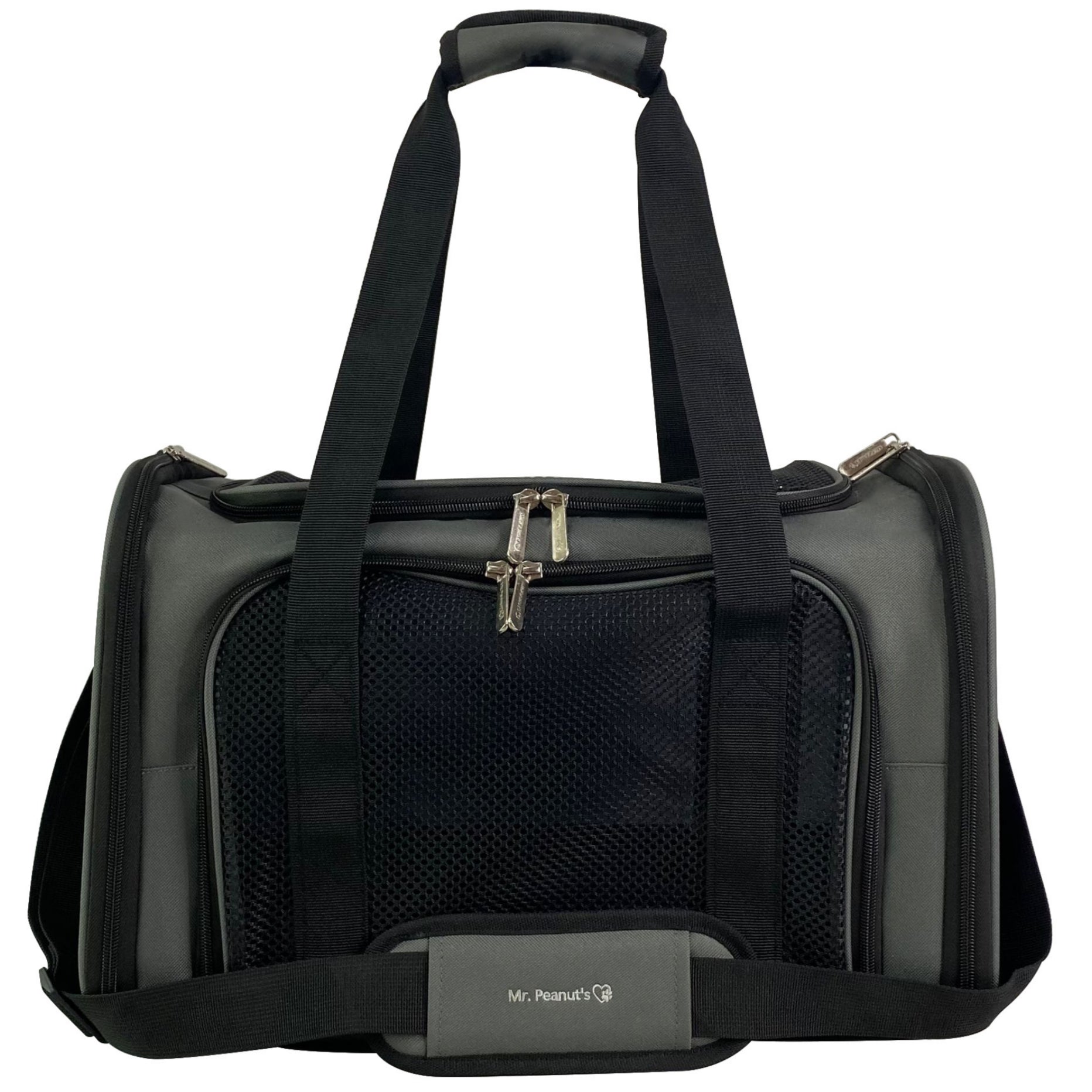 Black pet carrier with mesh side on a white background