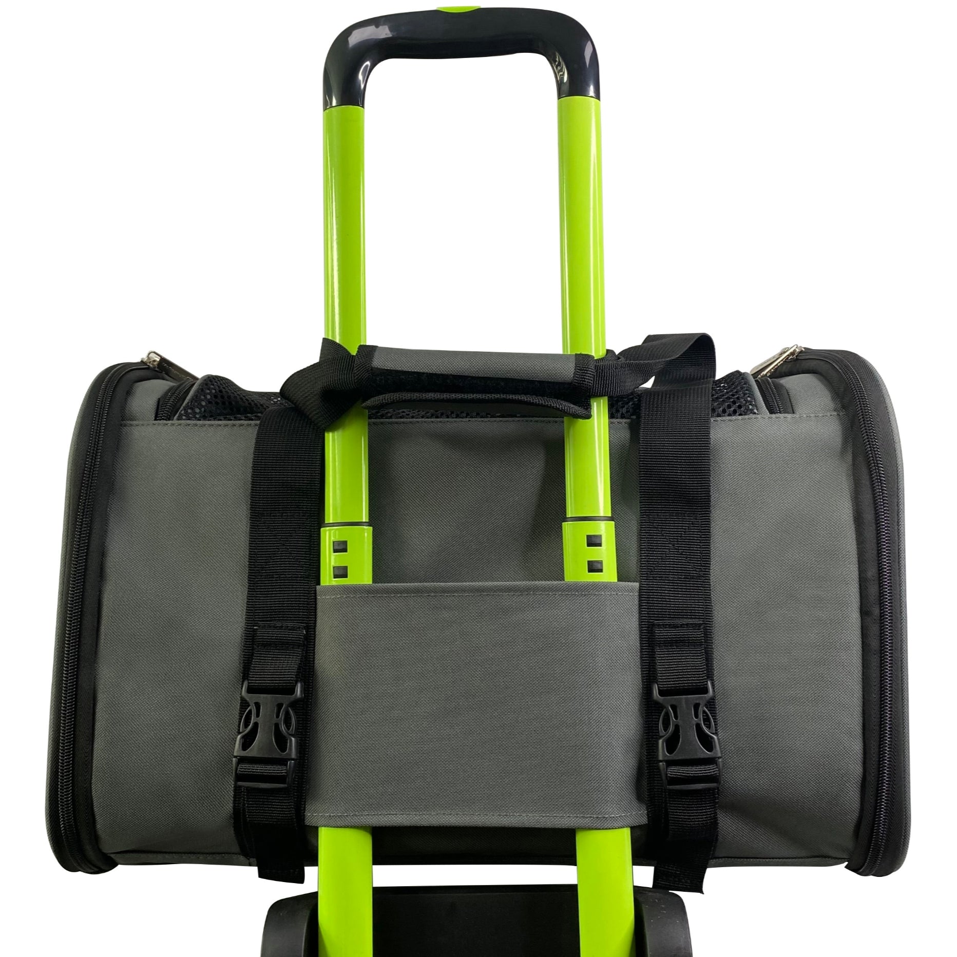 Gray duffel bag with green wheels and black straps on a white background