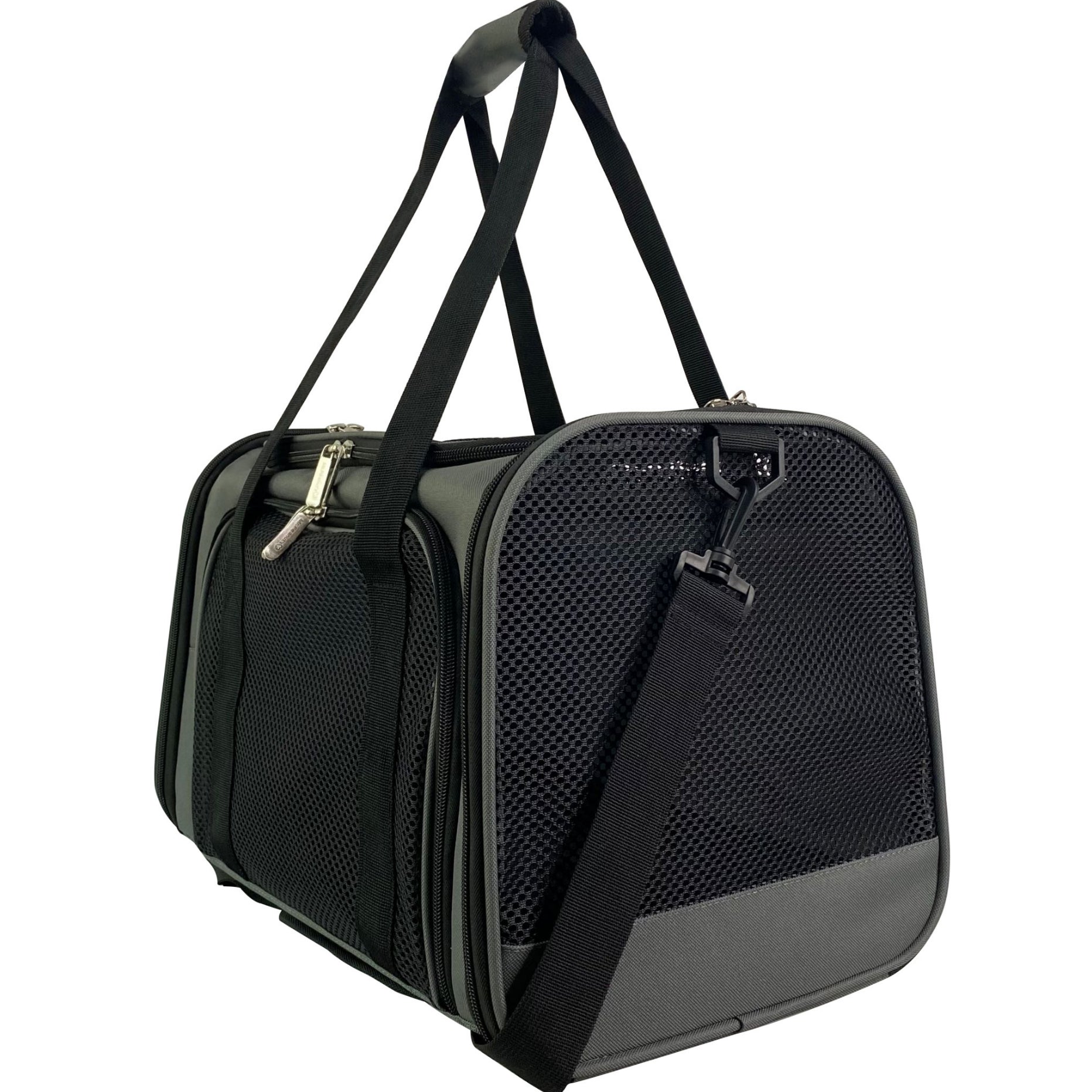 Black pet carrier with a handle and shoulder strap on a white background
