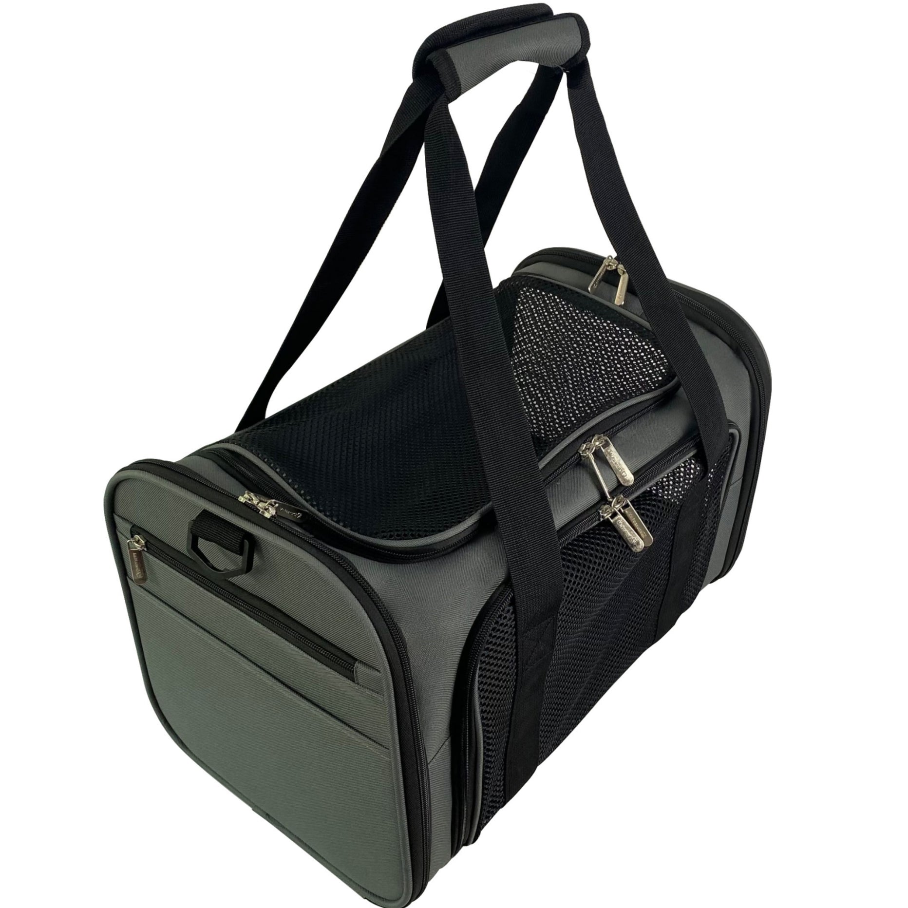 Black pet carrier with a handle on a white background
