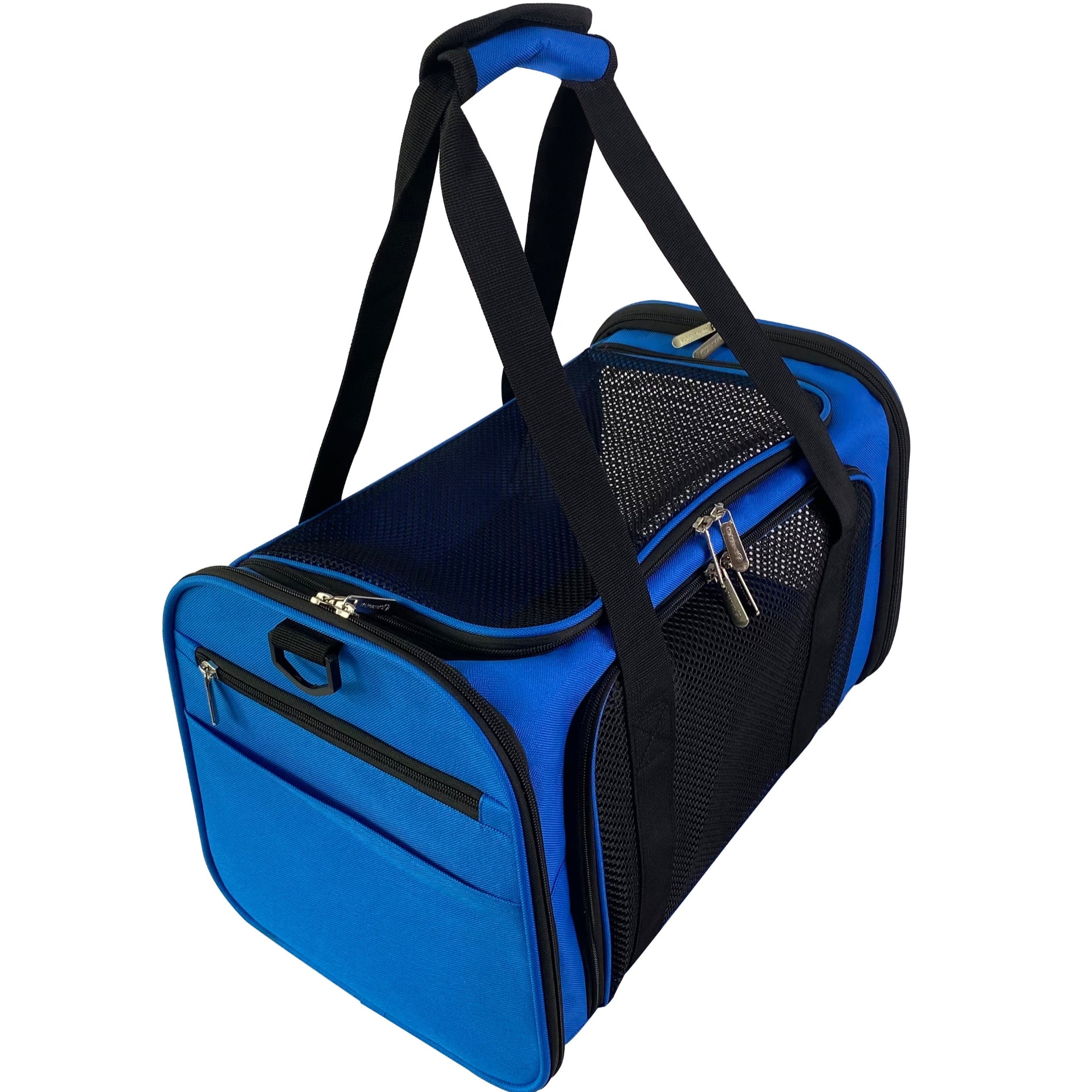 Blue pet carrier with black straps on a white background