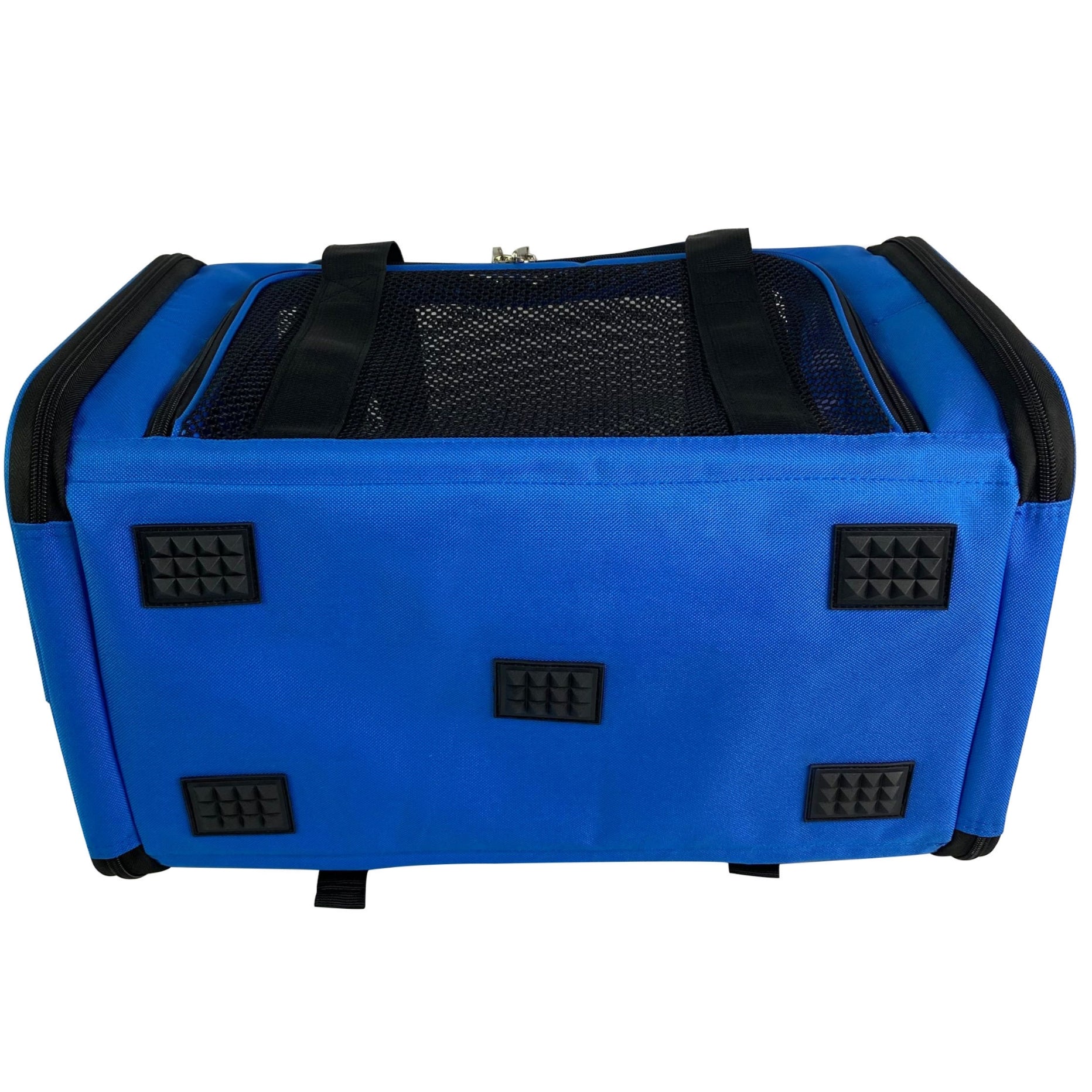 Blue pet carrier with black accents on a white background
