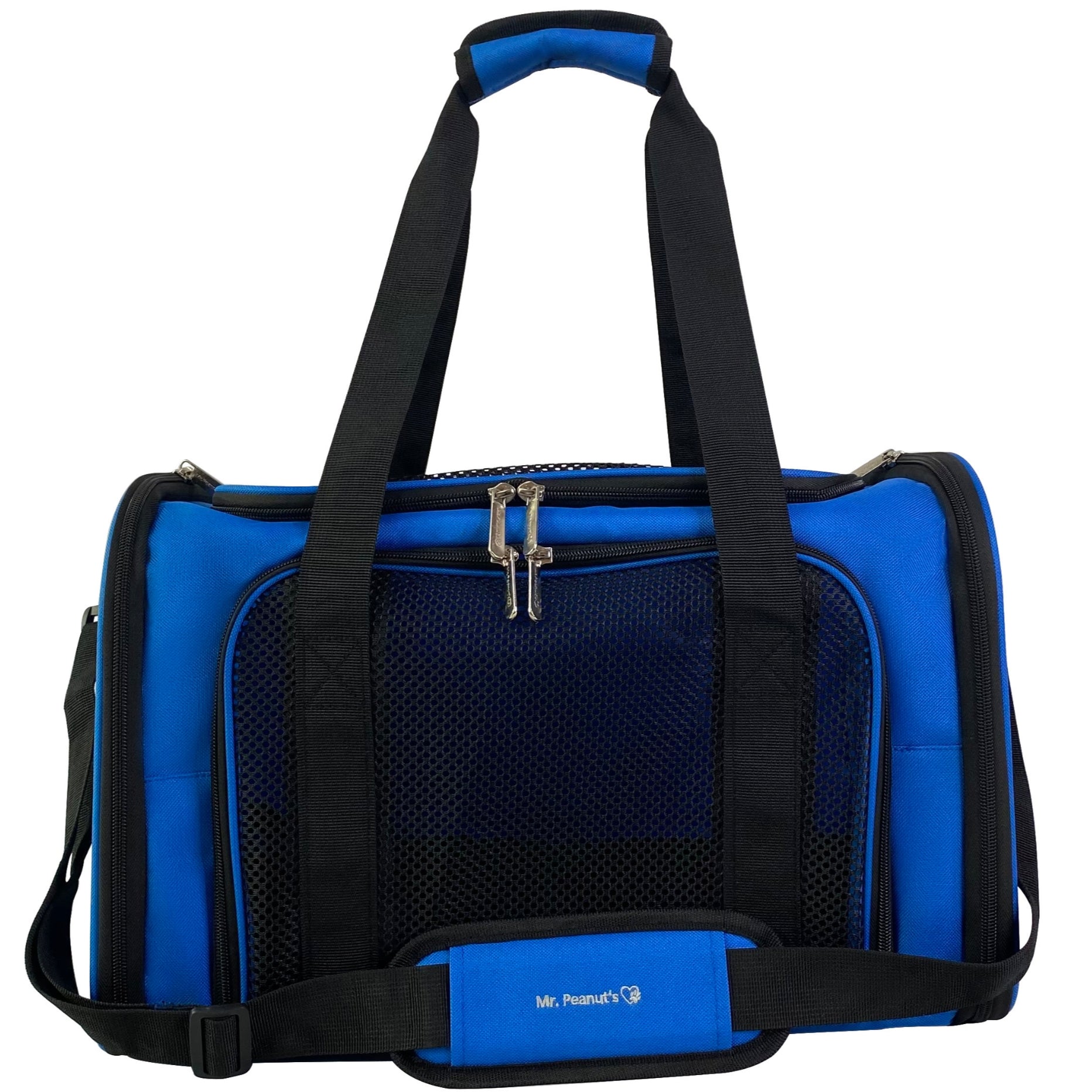 Blue pet carrier with black straps on a white background