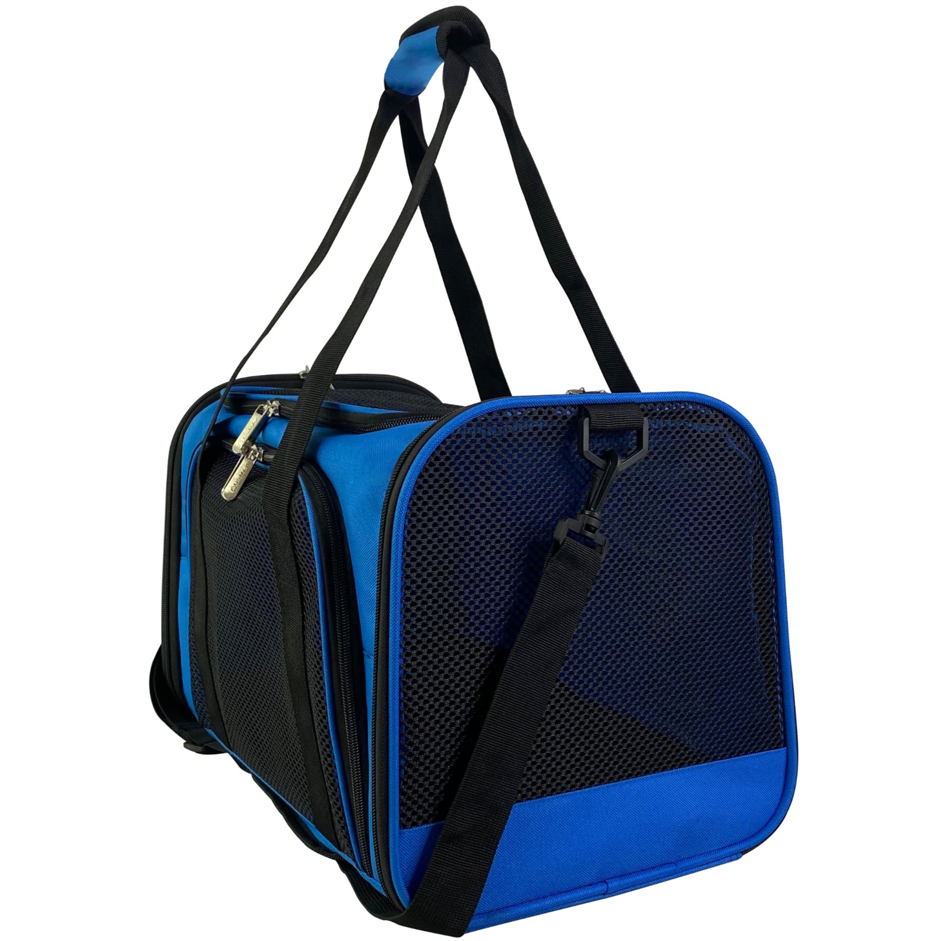Blue and black pet carrier with a handle and shoulder strap on a white background