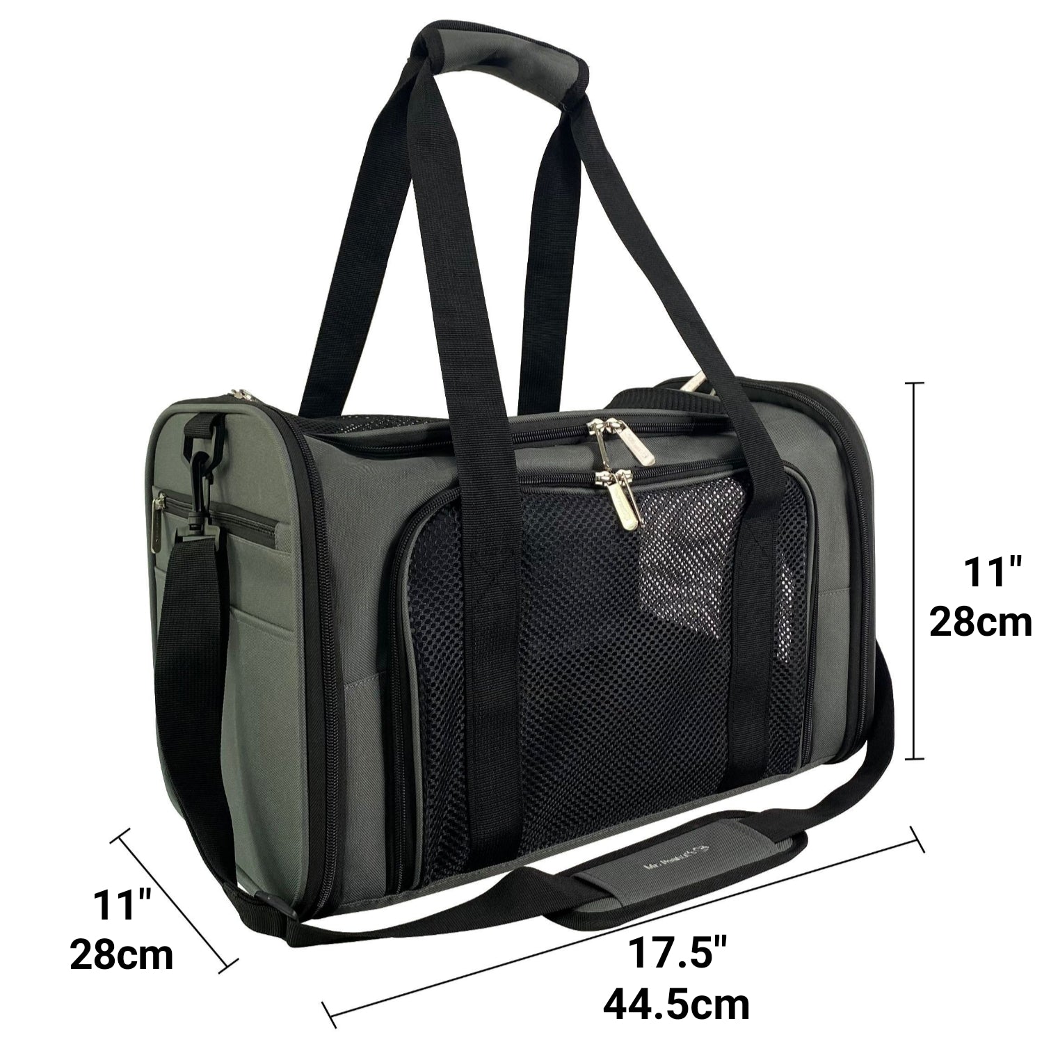 Black pet carrier with dimensions indicated on a white background