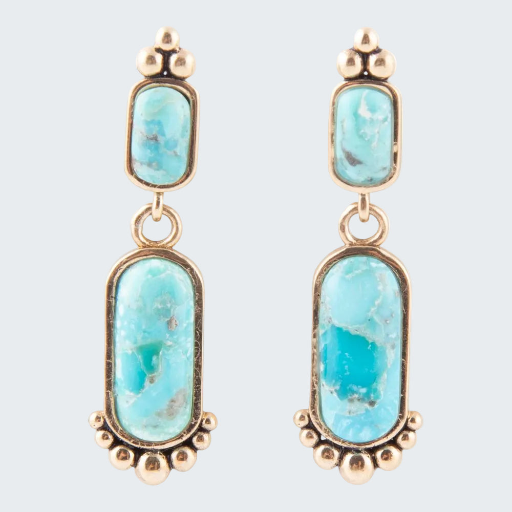 Turquoise stone earrings with gold accents on a white background