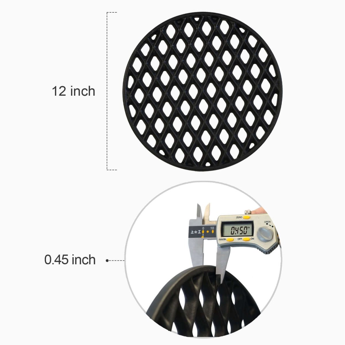 Black perforated disc with measurements on a white background