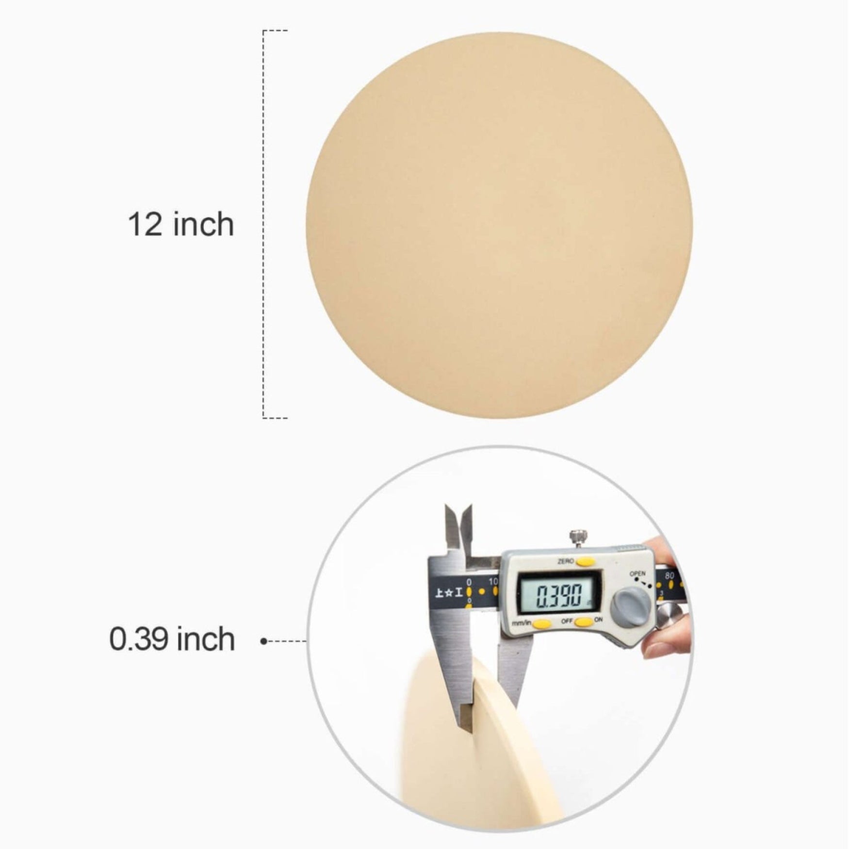 Measurement of a 12-inch round beige object with a digital caliper showing a thickness of 0.39 inch.