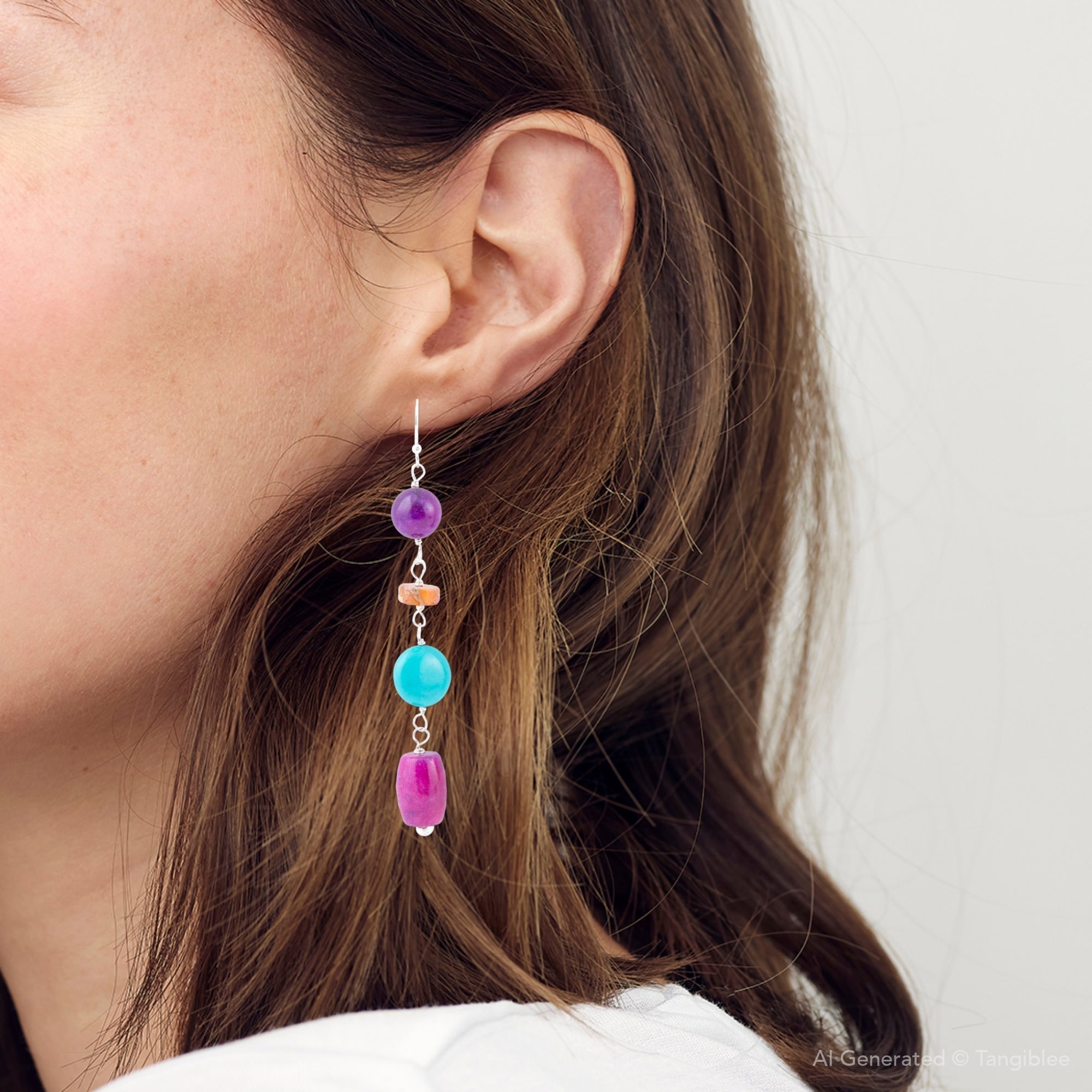 Close-up of a person wearing colorful beaded earrings with a plain background