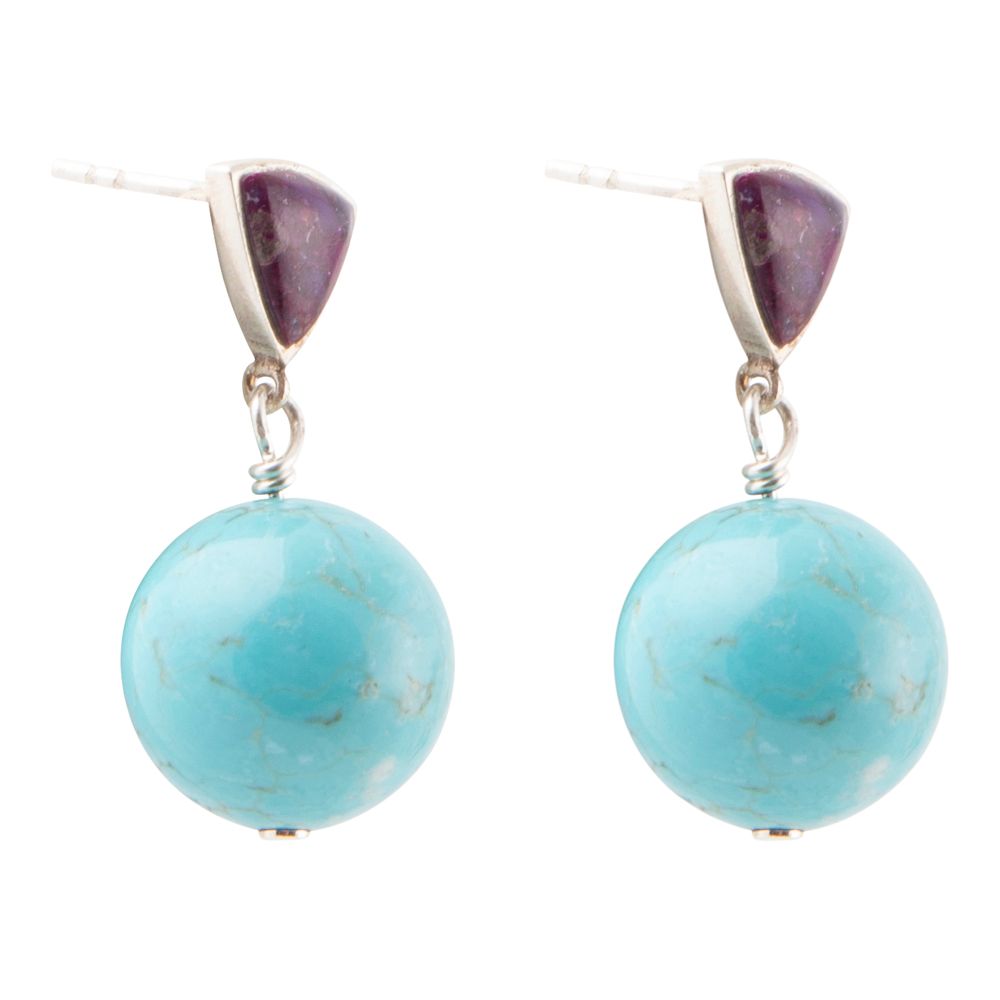 Turquoise bead earrings with purple triangular stones on a white background