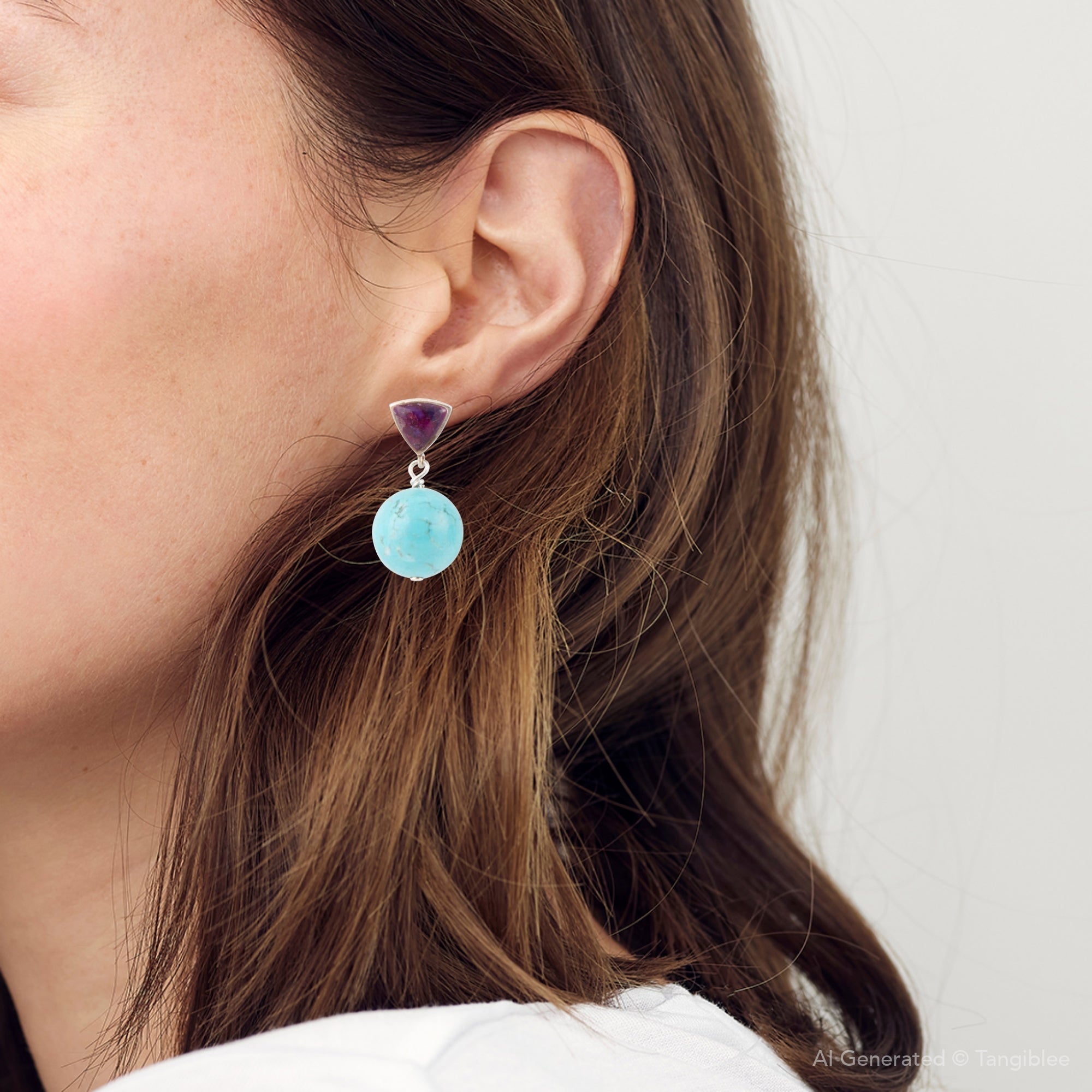 Close-up of a woman wearing a unique earring with a purple and blue gemstone.