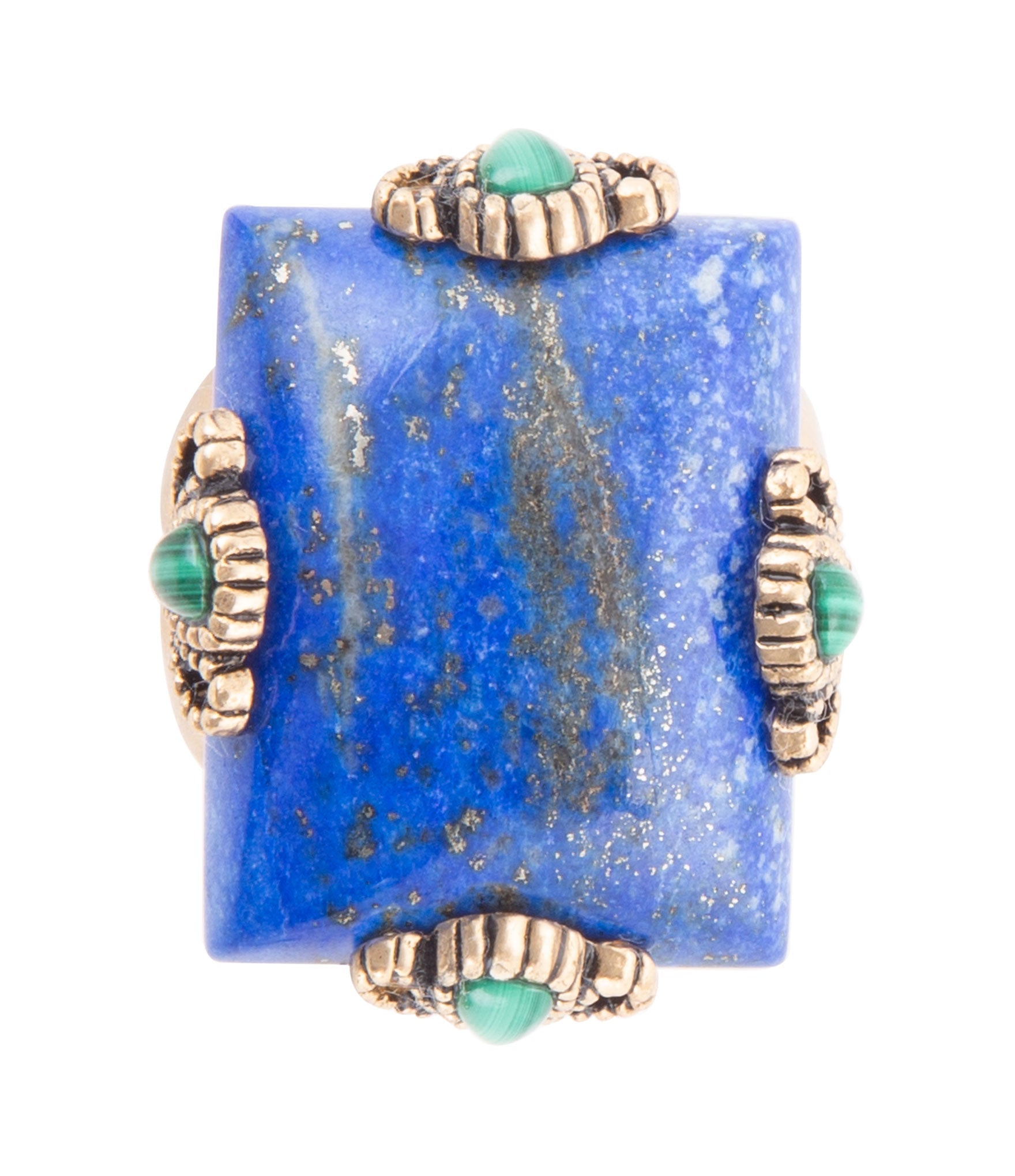 Blue stone ring with gold and turquoise accents on a white background
