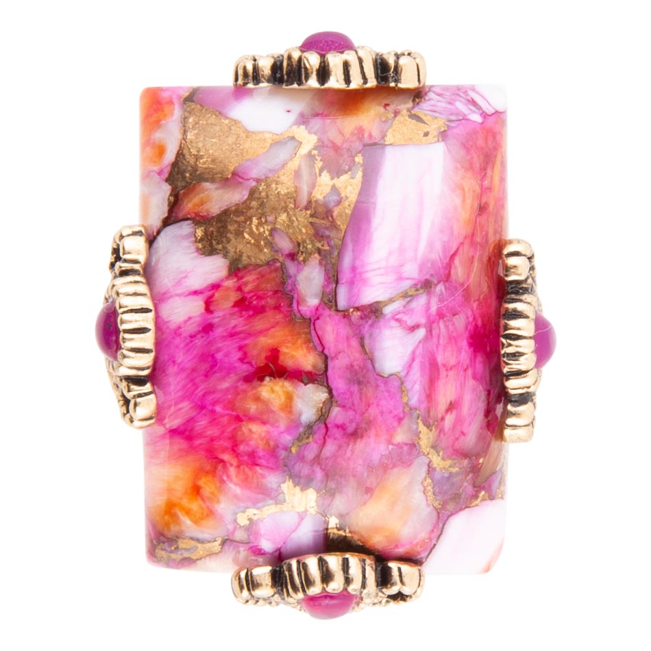 Colorful floral ring with gold accents on a white background