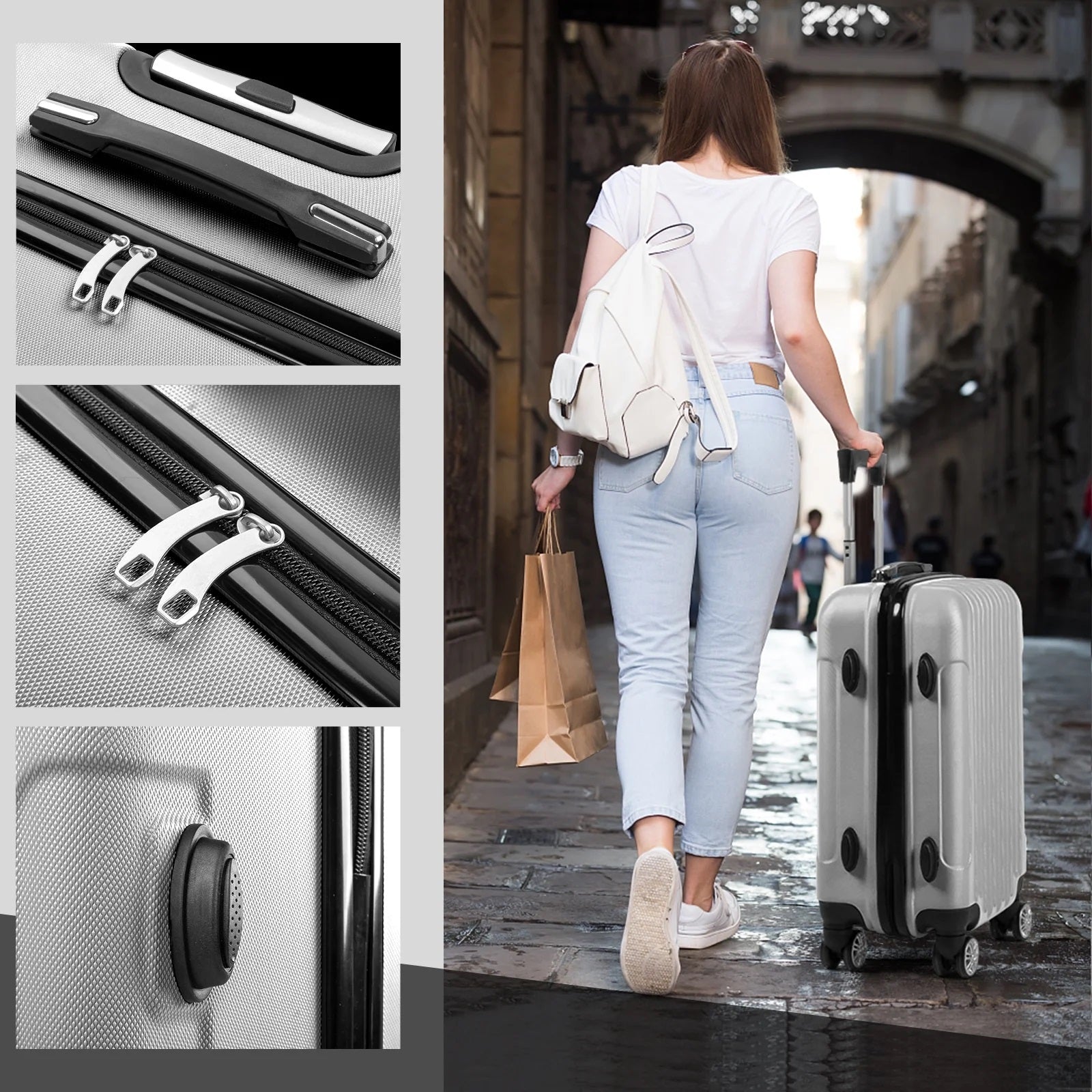 Person walking with a suitcase and backpack, close-up of suitcase details.