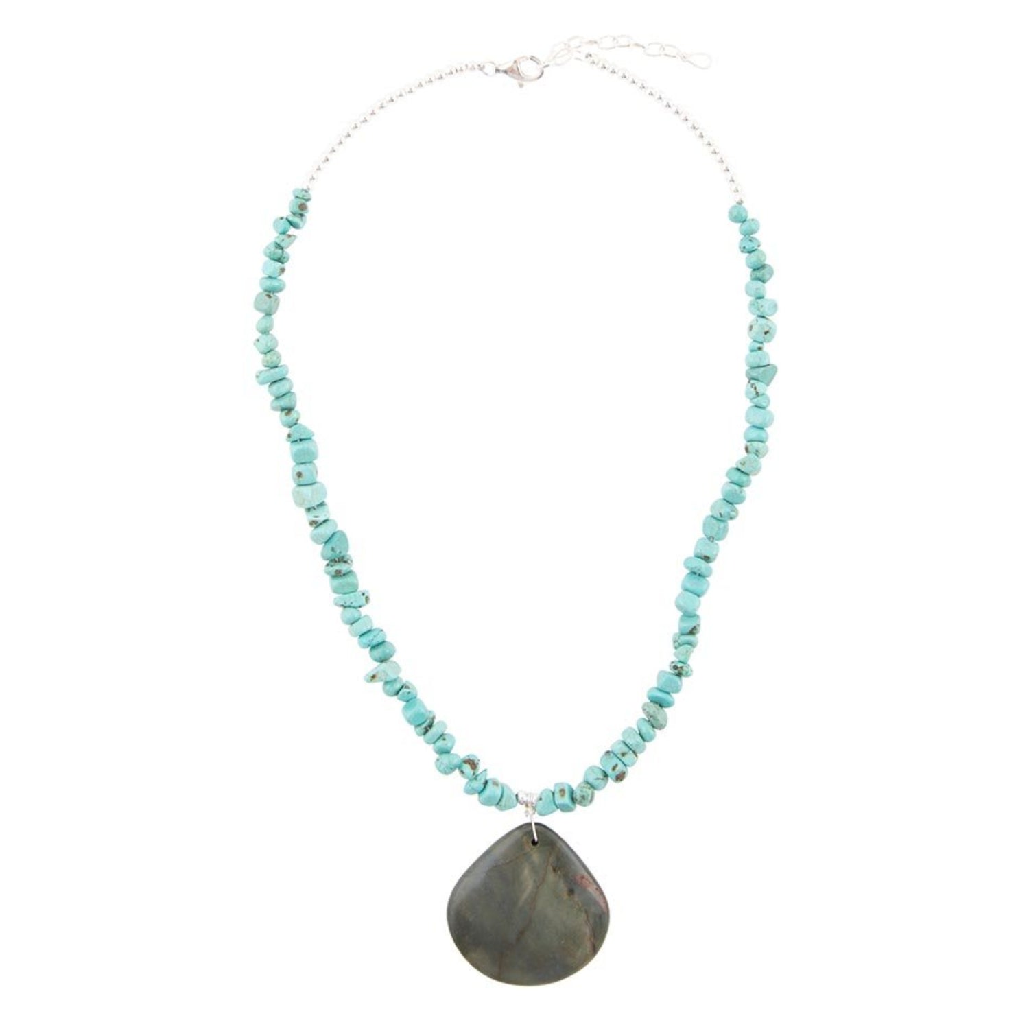 Necklace with turquoise beads and a large gray stone pendant on a white background