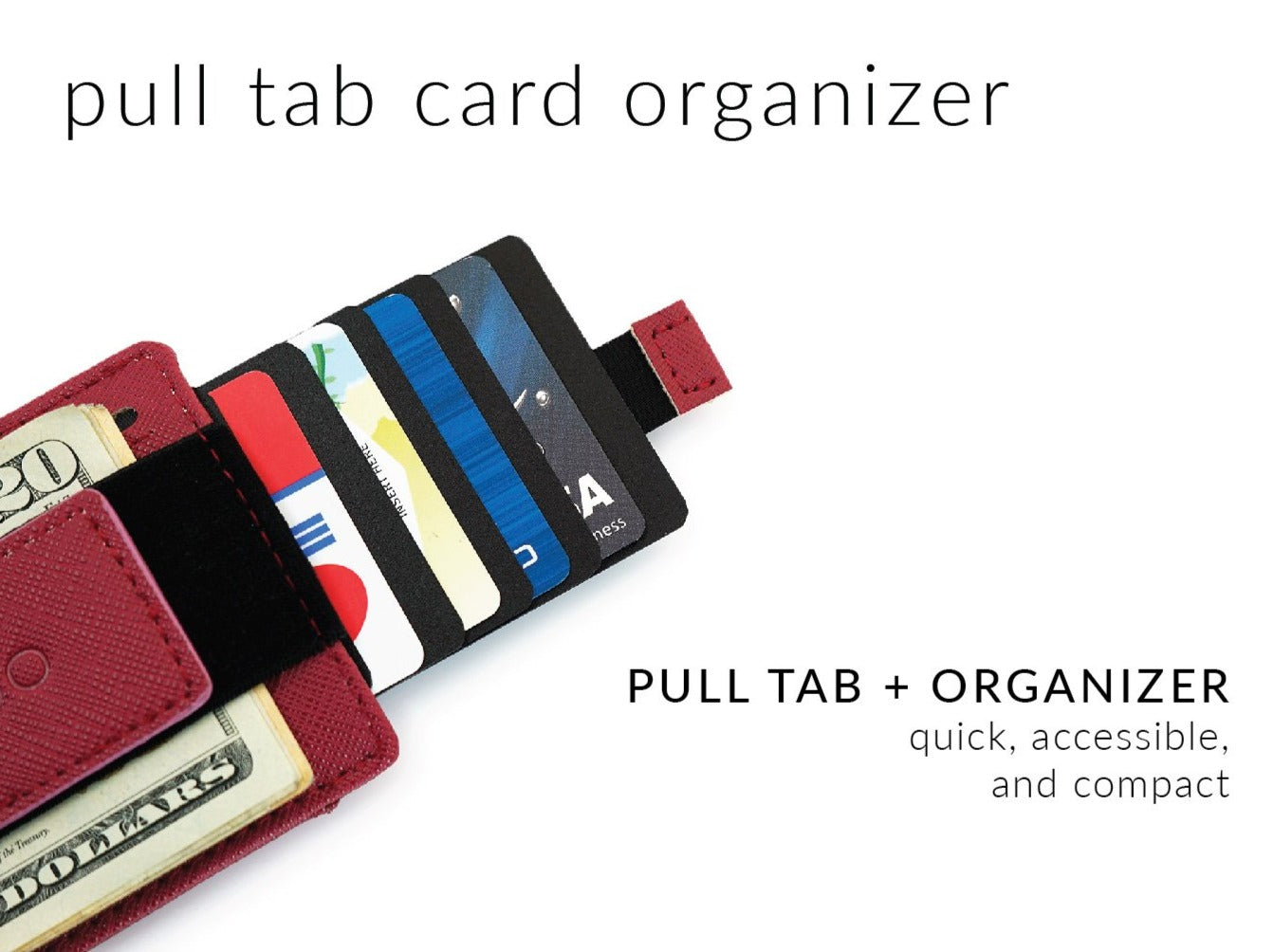 Card organizer with pull tab feature on a white background