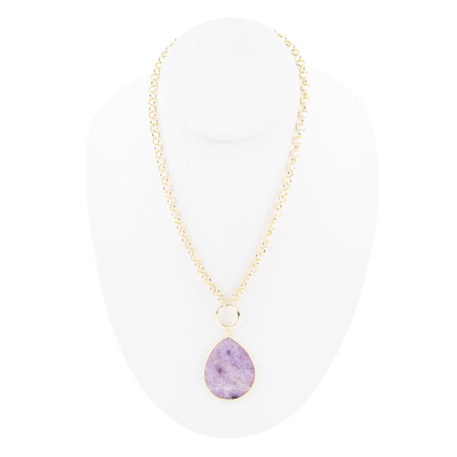 Necklace with a purple teardrop pendant on a white background