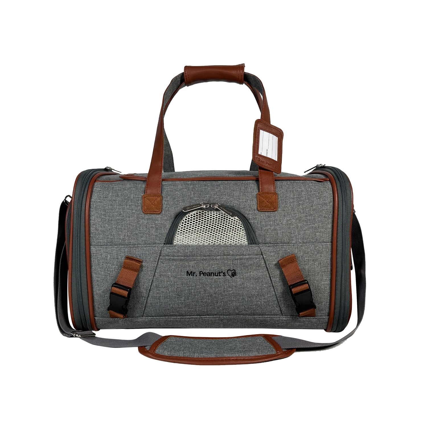 Gray pet carrier with brown accents on a white background