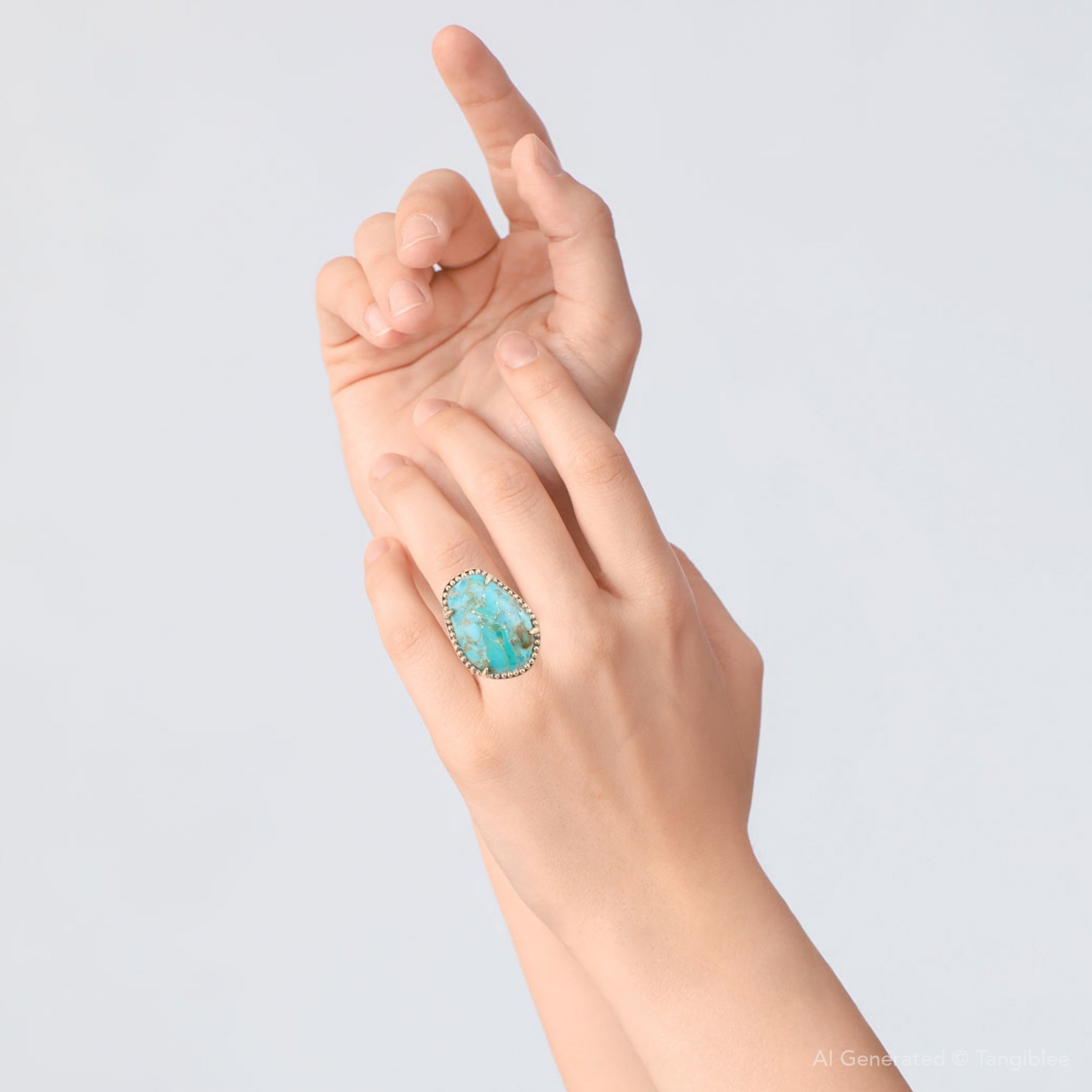 Hand wearing a turquoise ring on a light gray background