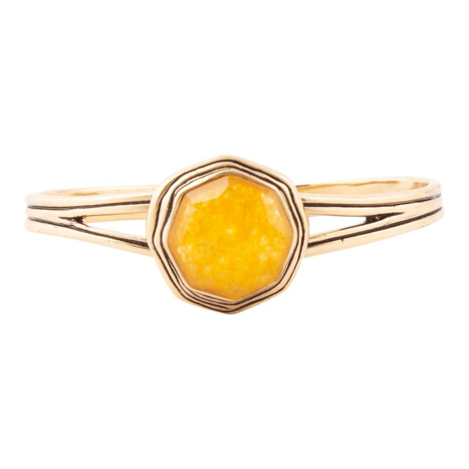Gold bracelet with a yellow stone on a white background