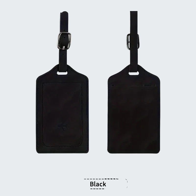 Two black luggage tags on a white background