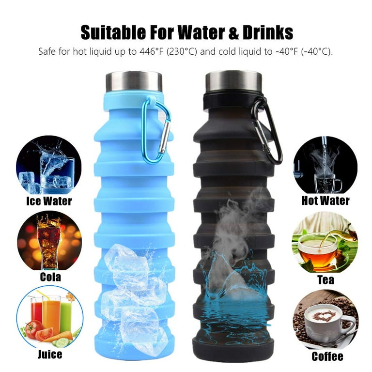 Collapsible water bottles with carabiners, suitable for various beverages, on a white background.