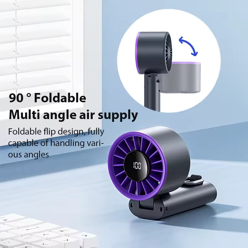 Foldable multi-angle air supply device with purple and black design on a light blue background