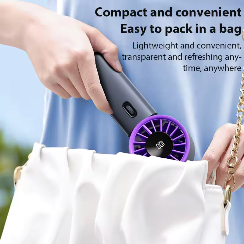 Hand holding a compact fan with text about its portability and convenience.