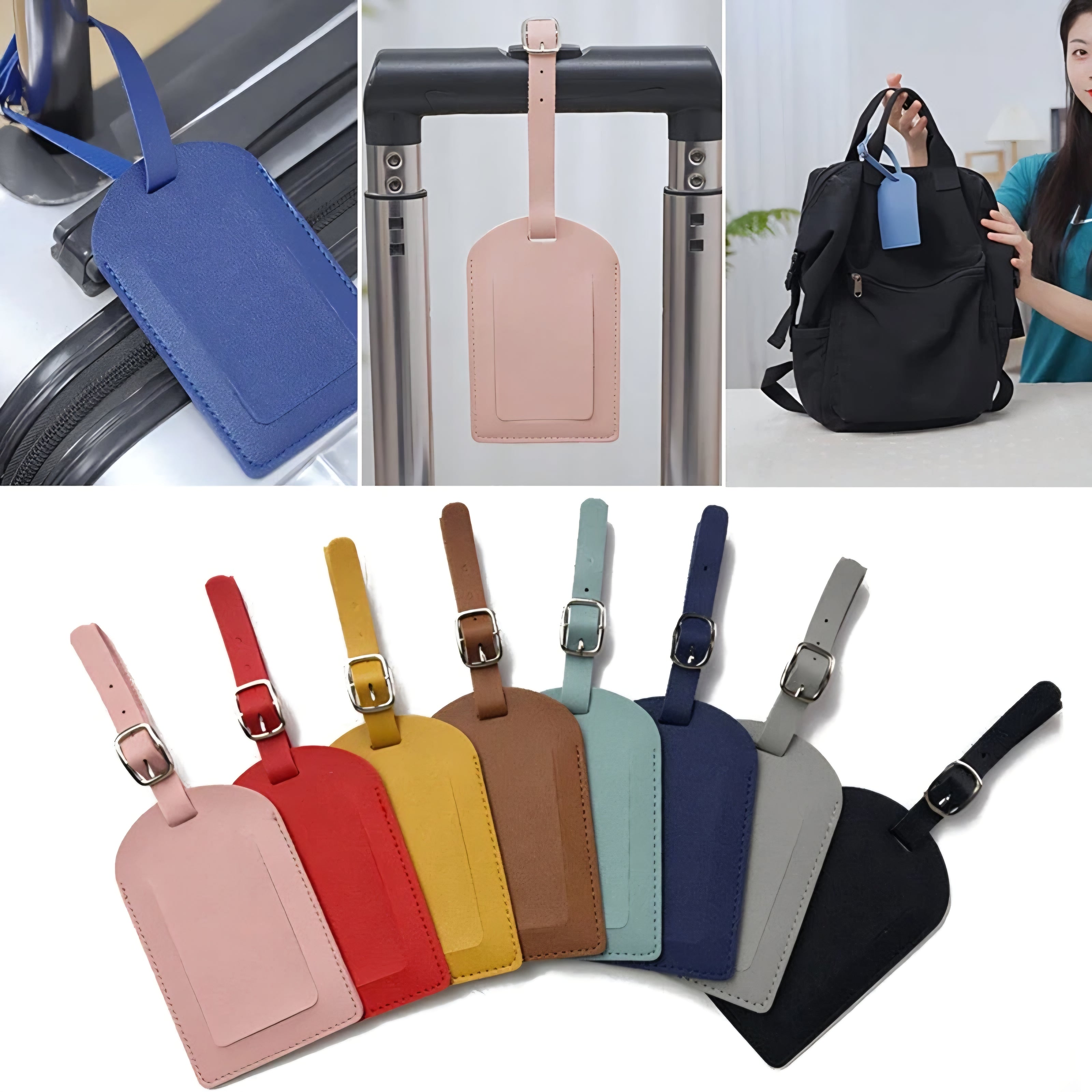 Collage of luggage tags on bags and a woman holding a backpack with a tag.