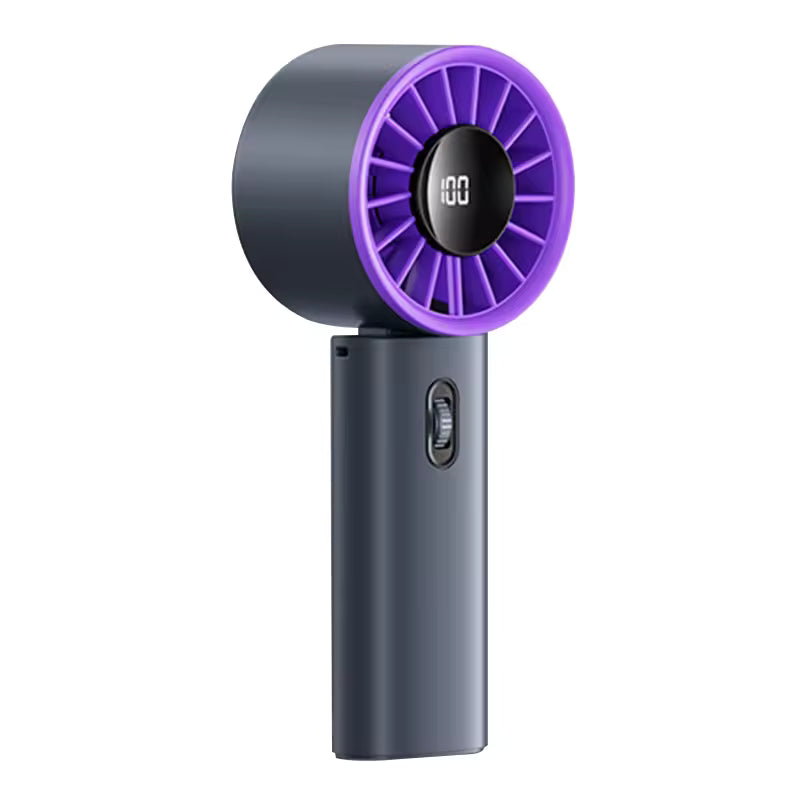 Handheld hair dryer with purple nozzle on a white background