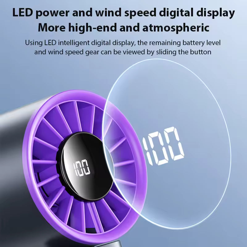 Purple handheld fan with digital display on a blue background