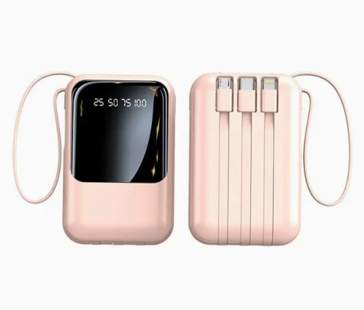 Rose gold power bank with digital display on a white background