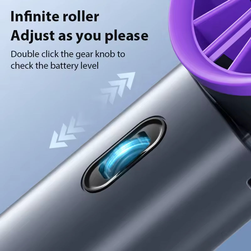 Close-up of a hair dryer with a purple nozzle and text on a blue background