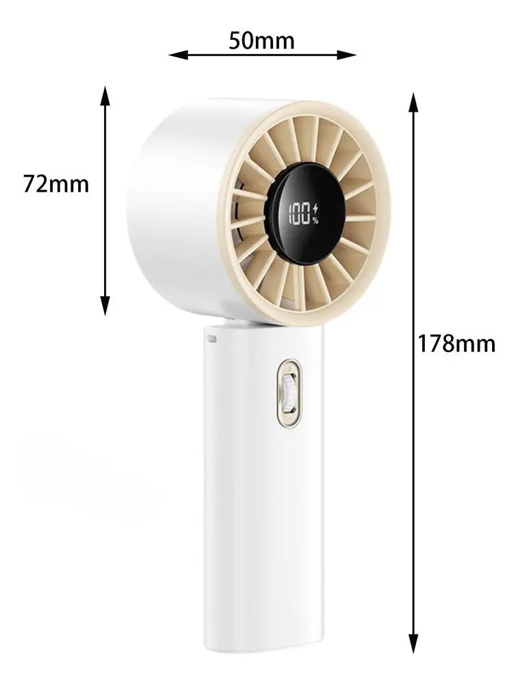 Handheld fan with dimensions labeled on a white background