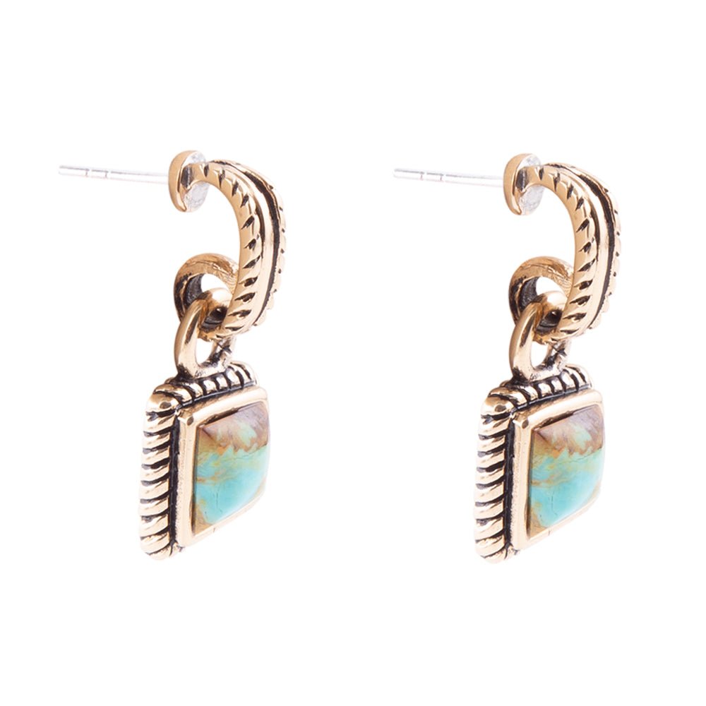Pair of earrings with gold and turquoise design on a white background
