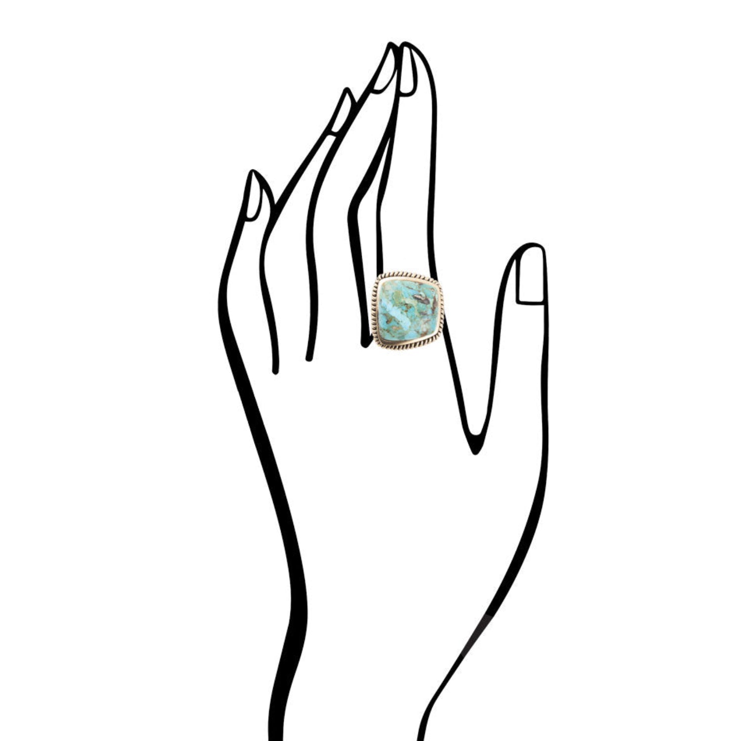Line drawing of a hand wearing a ring with a turquoise stone on a white background
