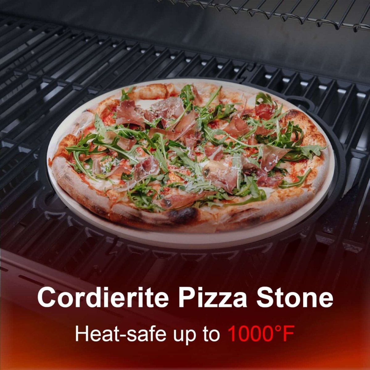 Pizza on a cordierite pizza stone with text indicating heat safety.