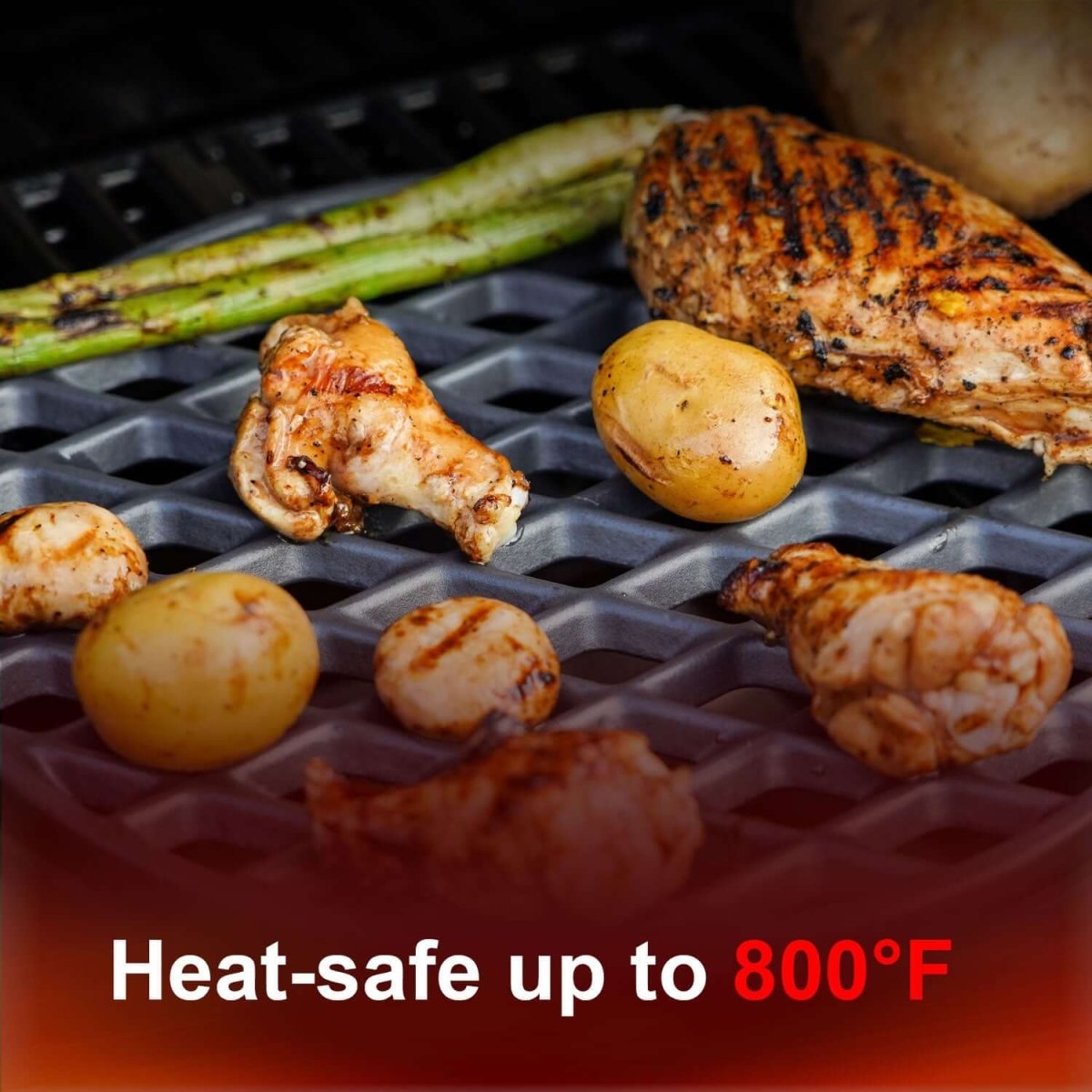 Grilled food items on a grill with text indicating heat-safe temperature.