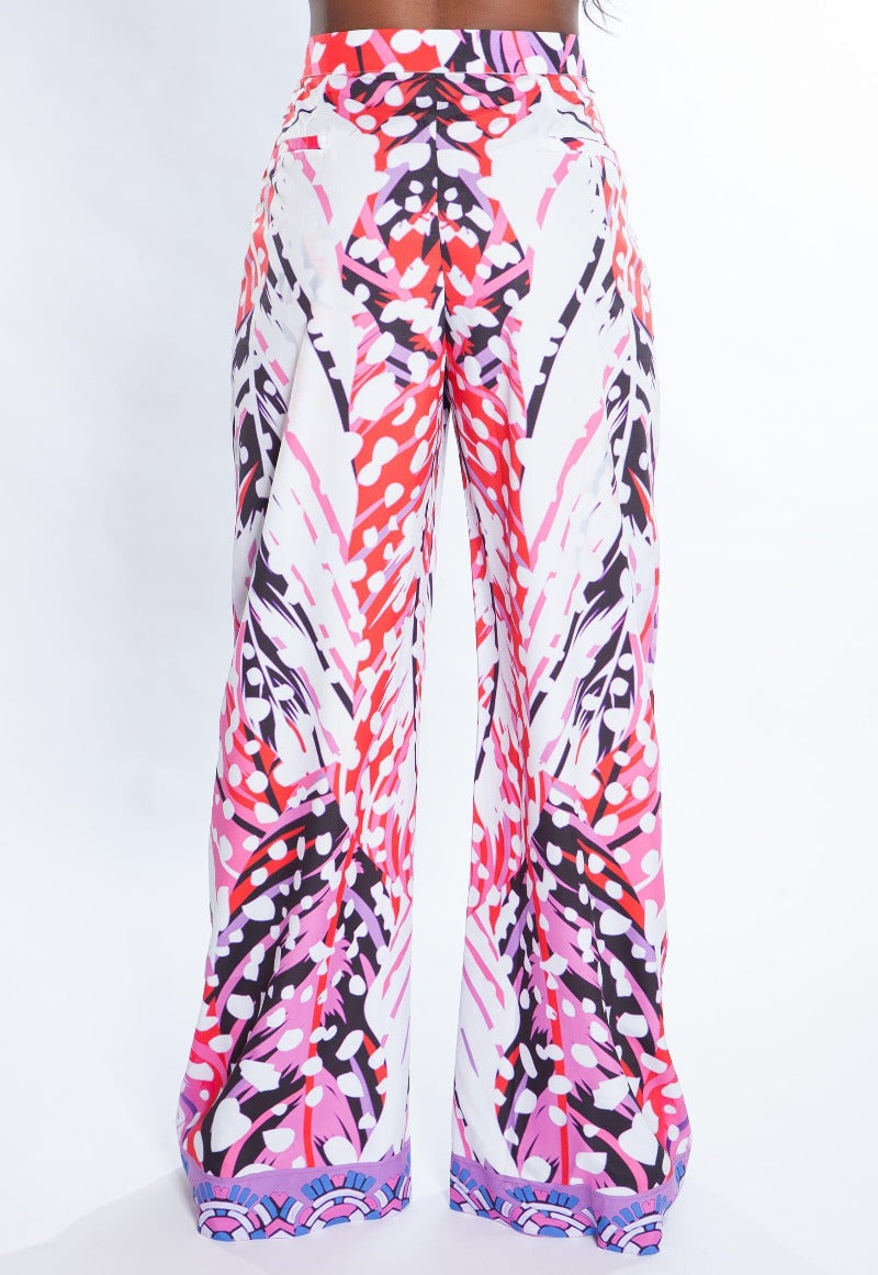 Colorful patterned wide-leg pants on a white background