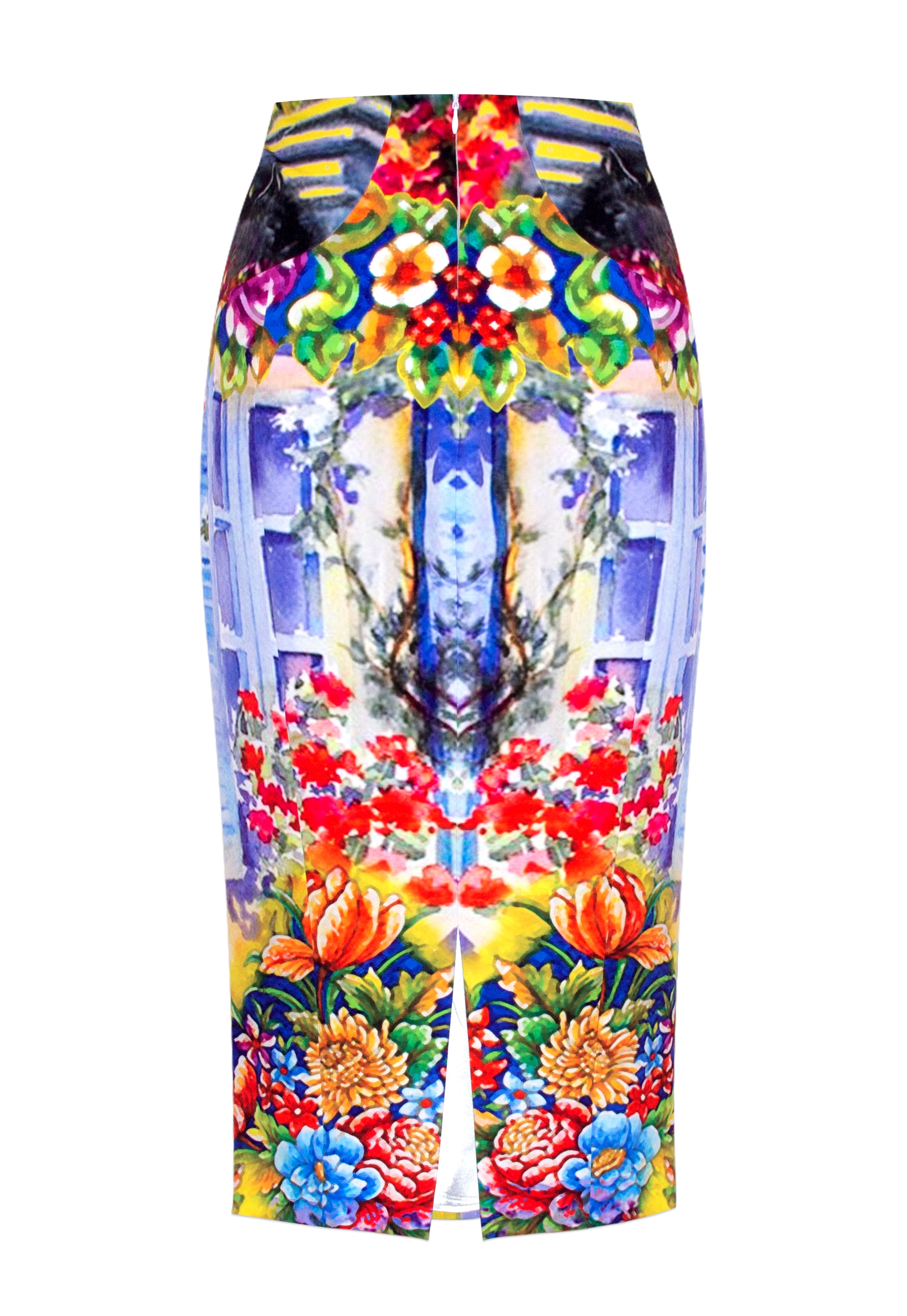 Colorful floral and abstract patterned skirt on a white background