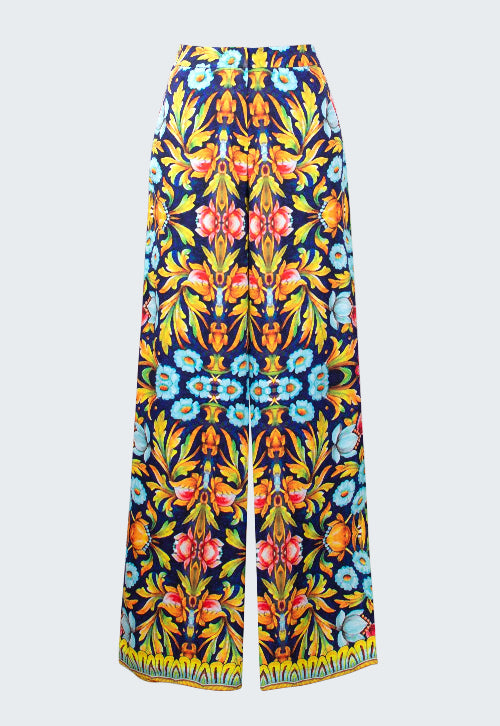 Colorful floral-patterned pants on a white background