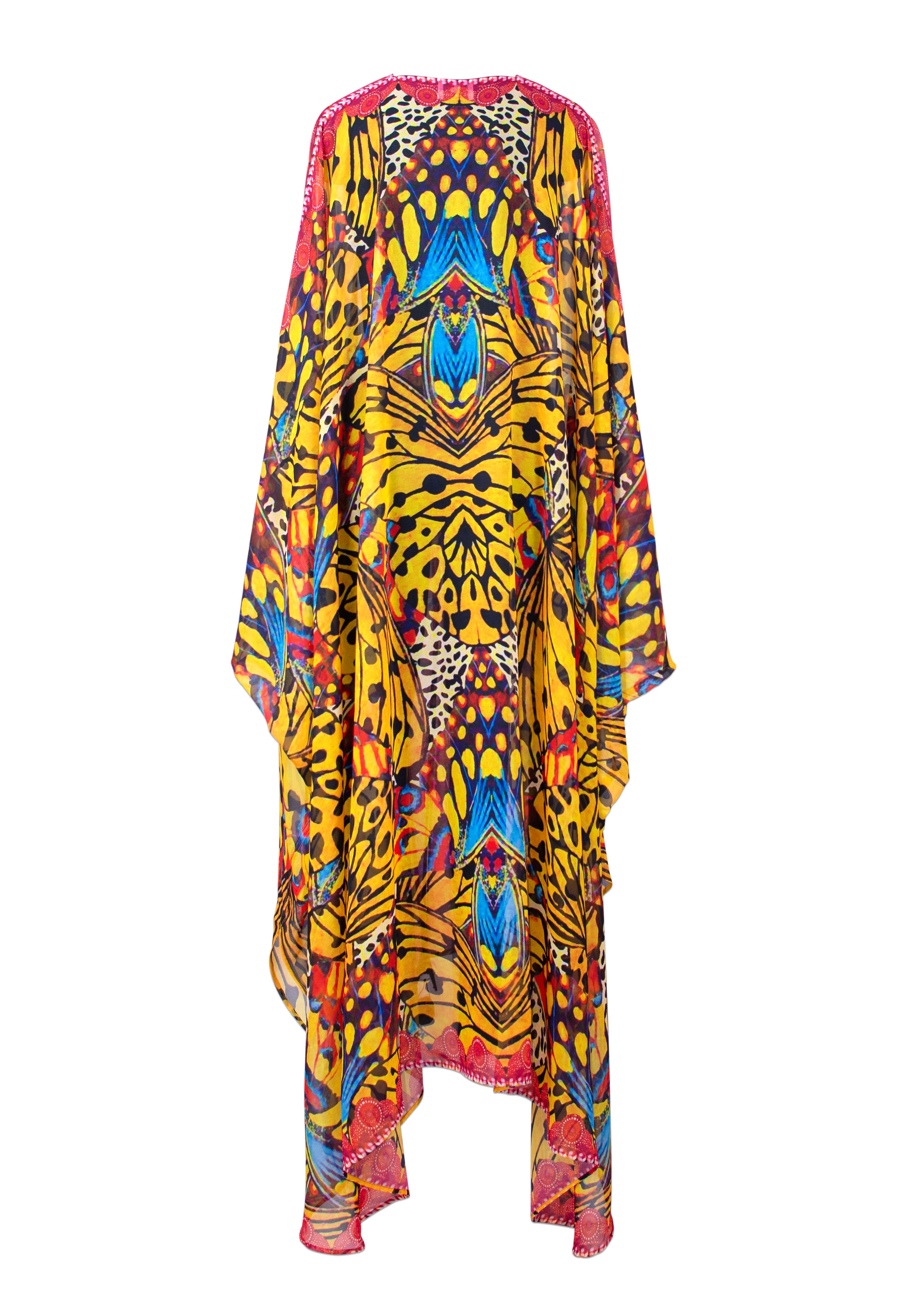 Colorful patterned dress with long sleeves on a white background