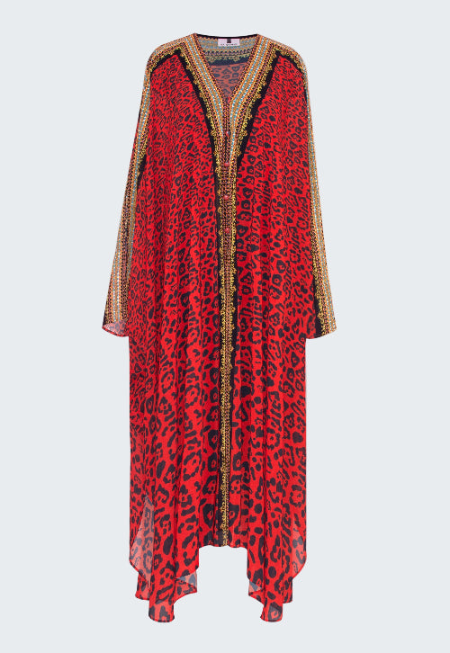 Red leopard print dress with gold trim on a white background