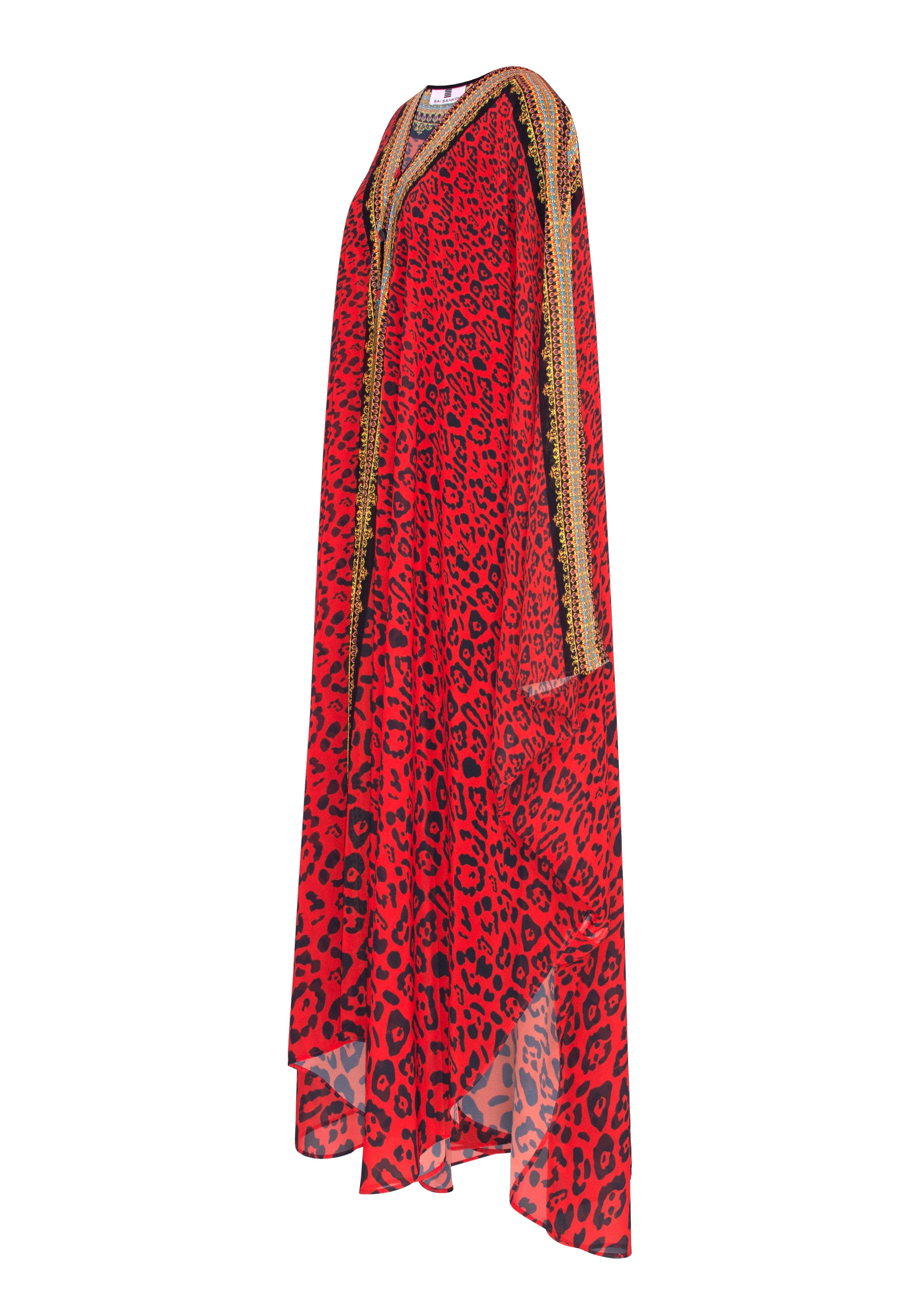 Red dress with leopard print and gold trim on a white background