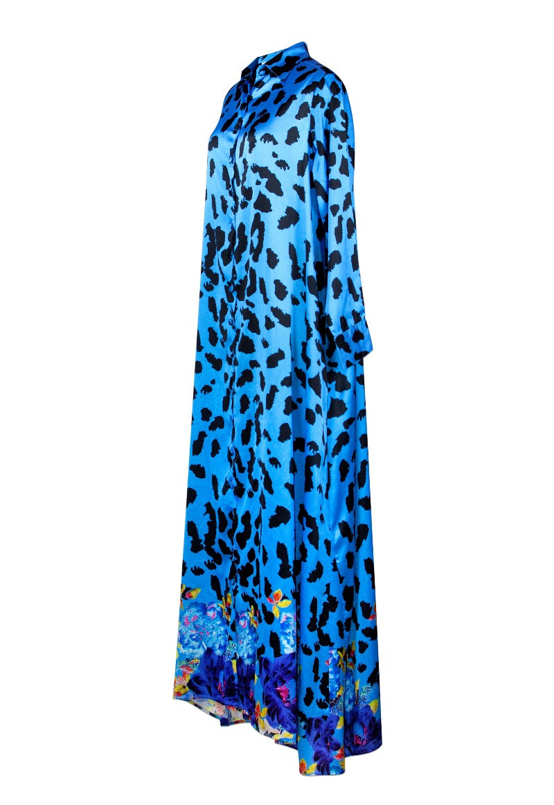 Blue dress with black leopard print on a white background