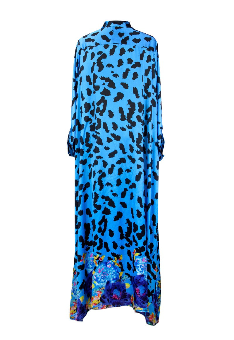 Blue dress with black leopard print and colorful floral hem on a white background