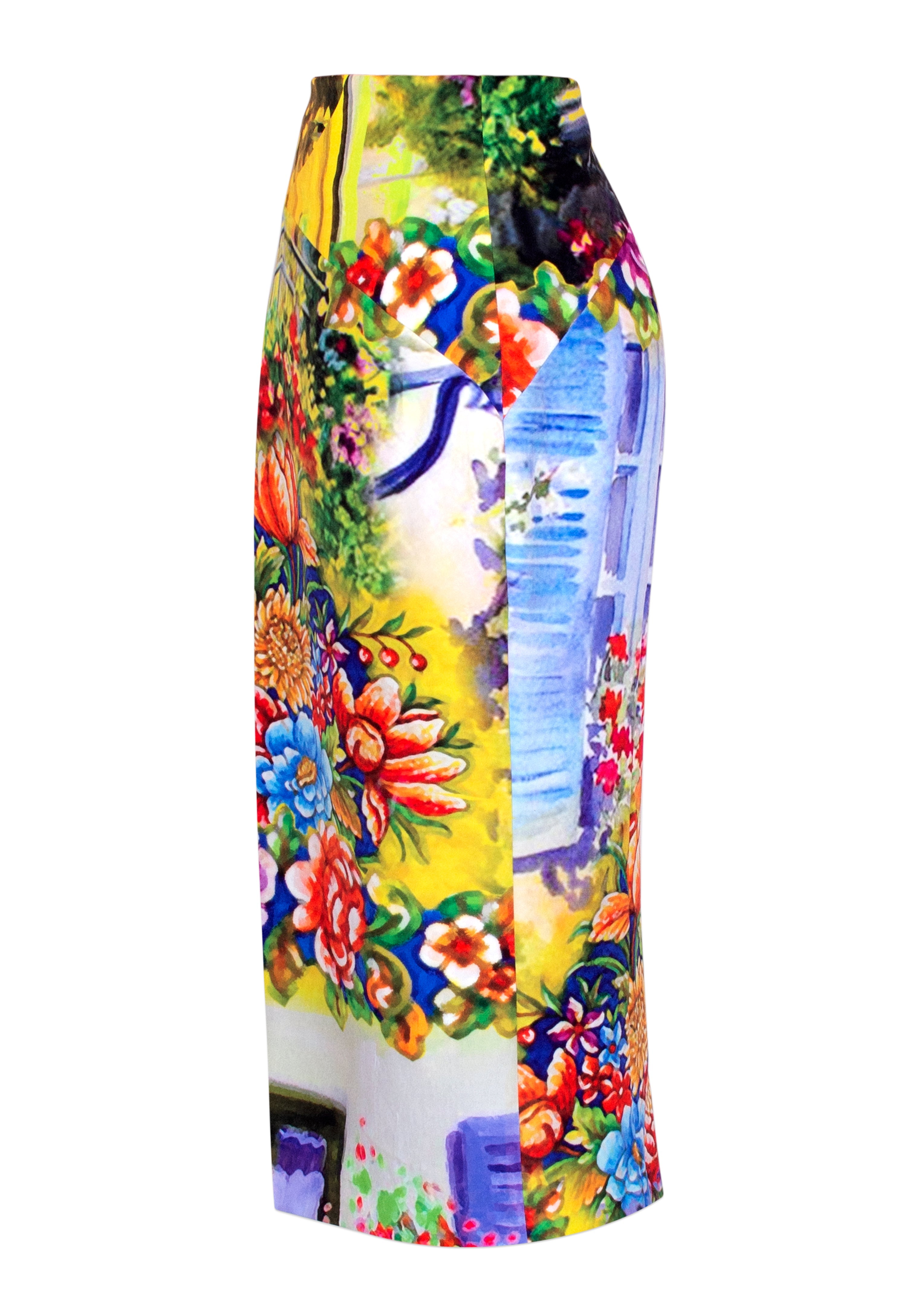 Colorful skirt with floral and landscape design on a white background